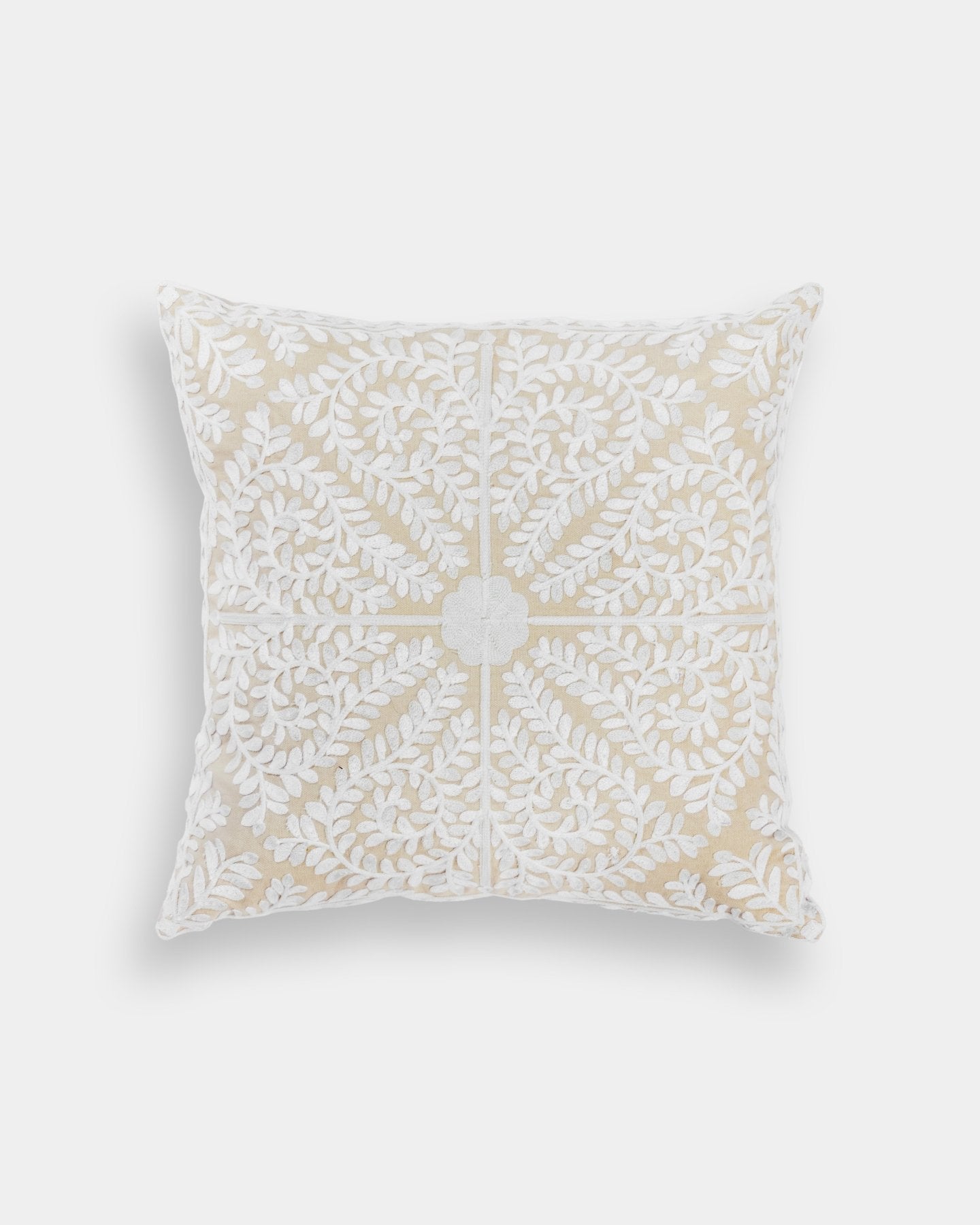 Ivory Suzani Pillow Cover Foliage 18x18" - Marble Lotus - Ivory Suzani Pillow Cover Foliage 18x18" - Marble Lotus - Suzani Pillow | Ivory Pillow Cover Foliage 18x18" | Made in Jaipur