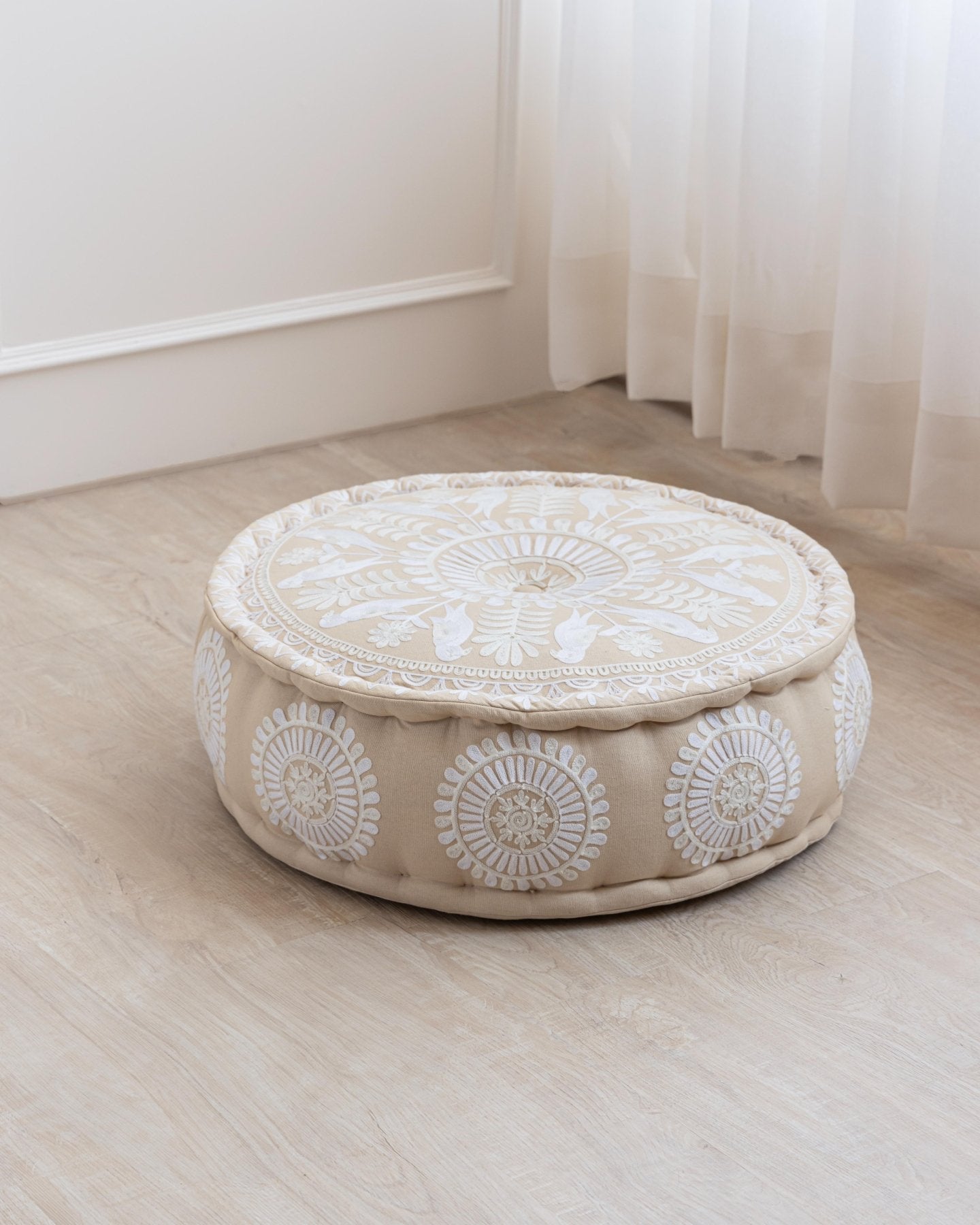 Ivory Suzani Pouf Fauna - Marble Lotus - Ivory Suzani Pouf Fauna - Marble Lotus - Suzani Ottoman | Meditation Pouf | Stackable Pouf | White | Handmade