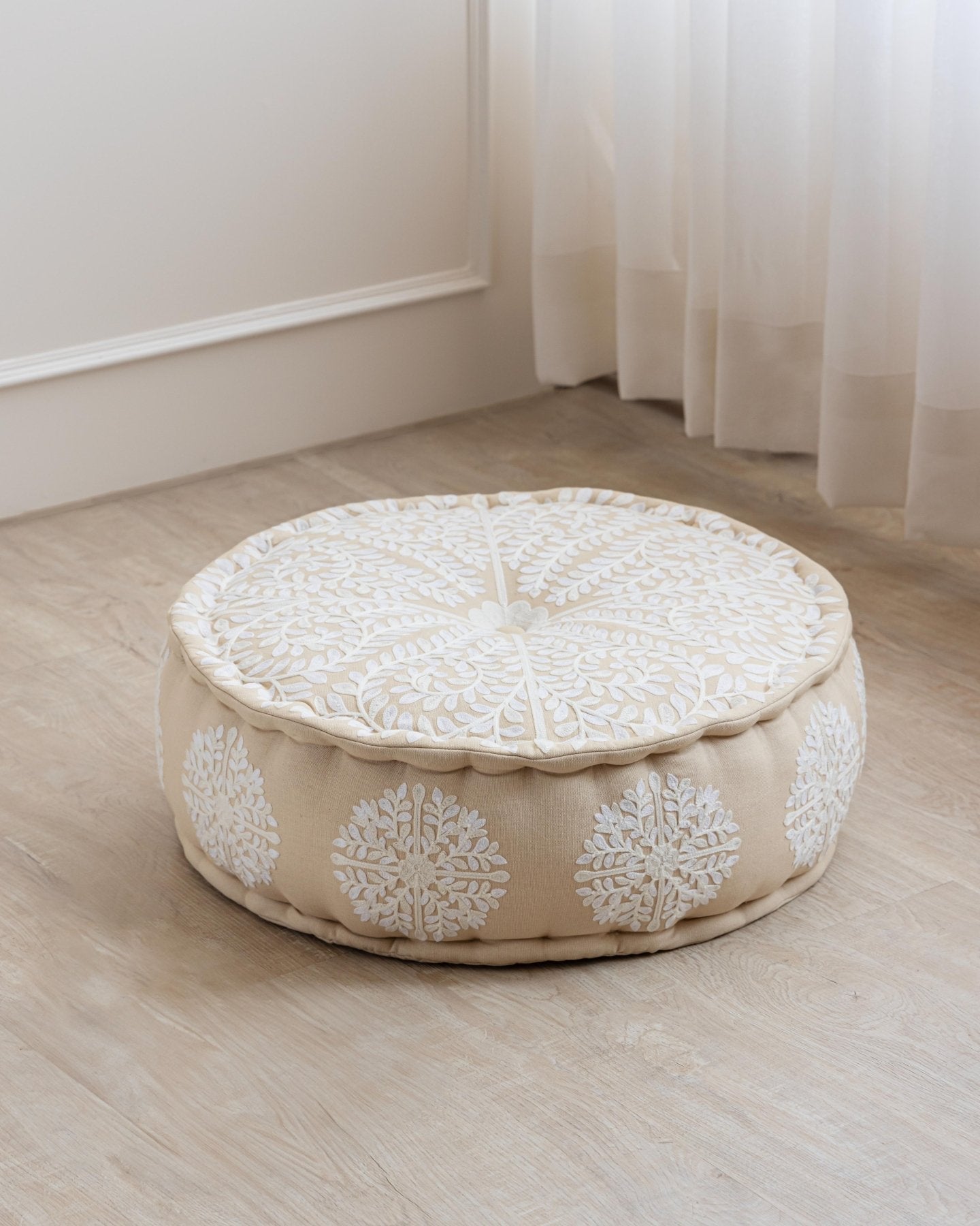 Ivory Suzani Pouf Foliage - Marble Lotus - Ivory Suzani Pouf Foliage - Marble Lotus - Suzani Ottoman | Meditation Pouf | Stackable Pouf | White | Handmade