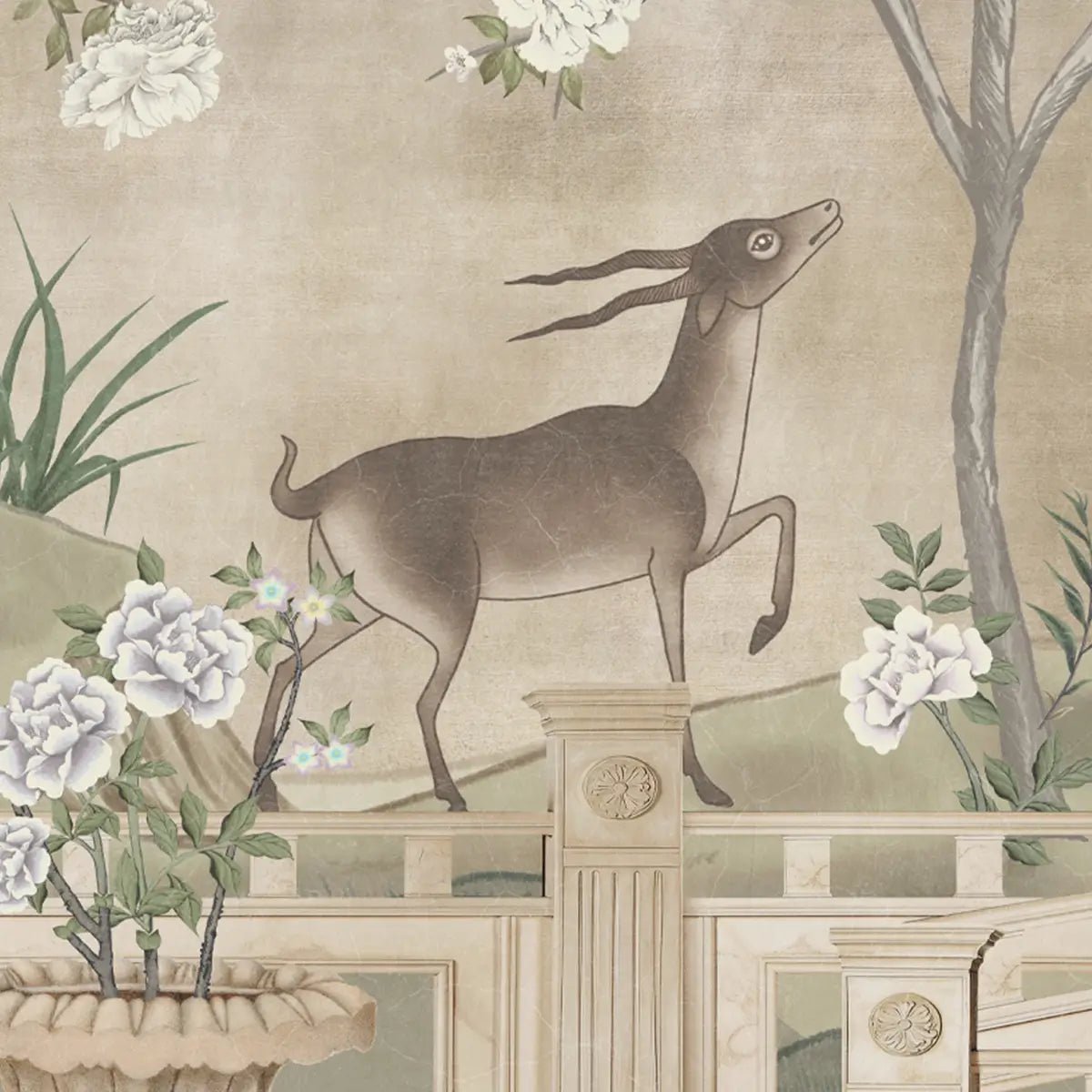 Jade Blossom Chinoiserie Wallpaper, Beige - Marble Lotus - Jade Blossom Chinoiserie Wallpaper, Beige