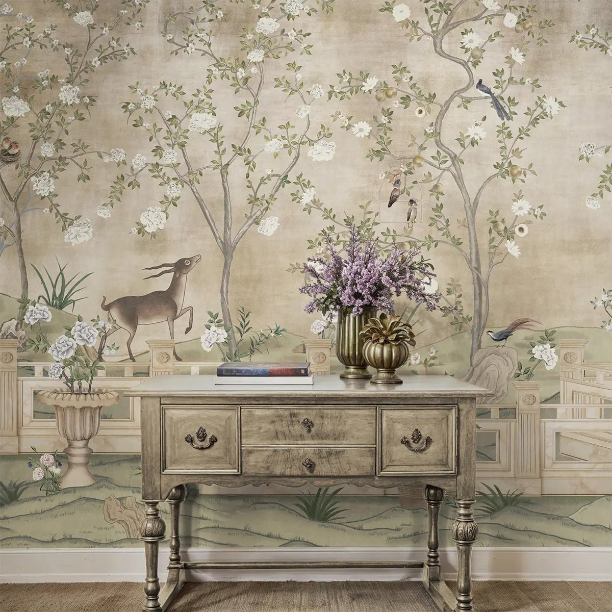 Jade Blossom Chinoiserie Wallpaper, Beige - Marble Lotus - Jade Blossom Chinoiserie Wallpaper, Beige