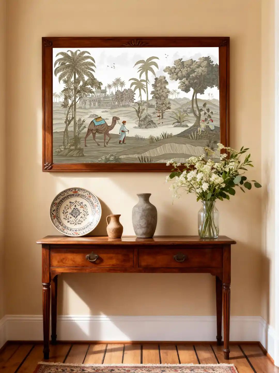 Jaisalmer Wallart - Marble Lotus - A large-scale Jaisalmer desert mural displayed in a sunlit foyer above a classic wooden console table with ceramic decor.