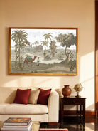 Jaisalmer Wallart - Marble Lotus - Jaisalmer desert caravan mural styled in a luxury living room above a cream sofa with deep red accent pillows.