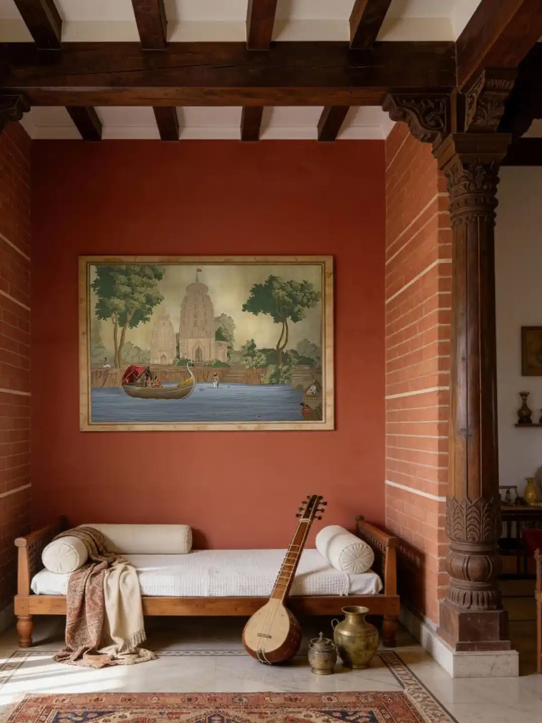 Kashi Reverie Wallart - Marble Lotus - Kashi Reverie wall art framed on a terracotta brick wall above a traditional Indian daybed with a sitar and brass vessels.
