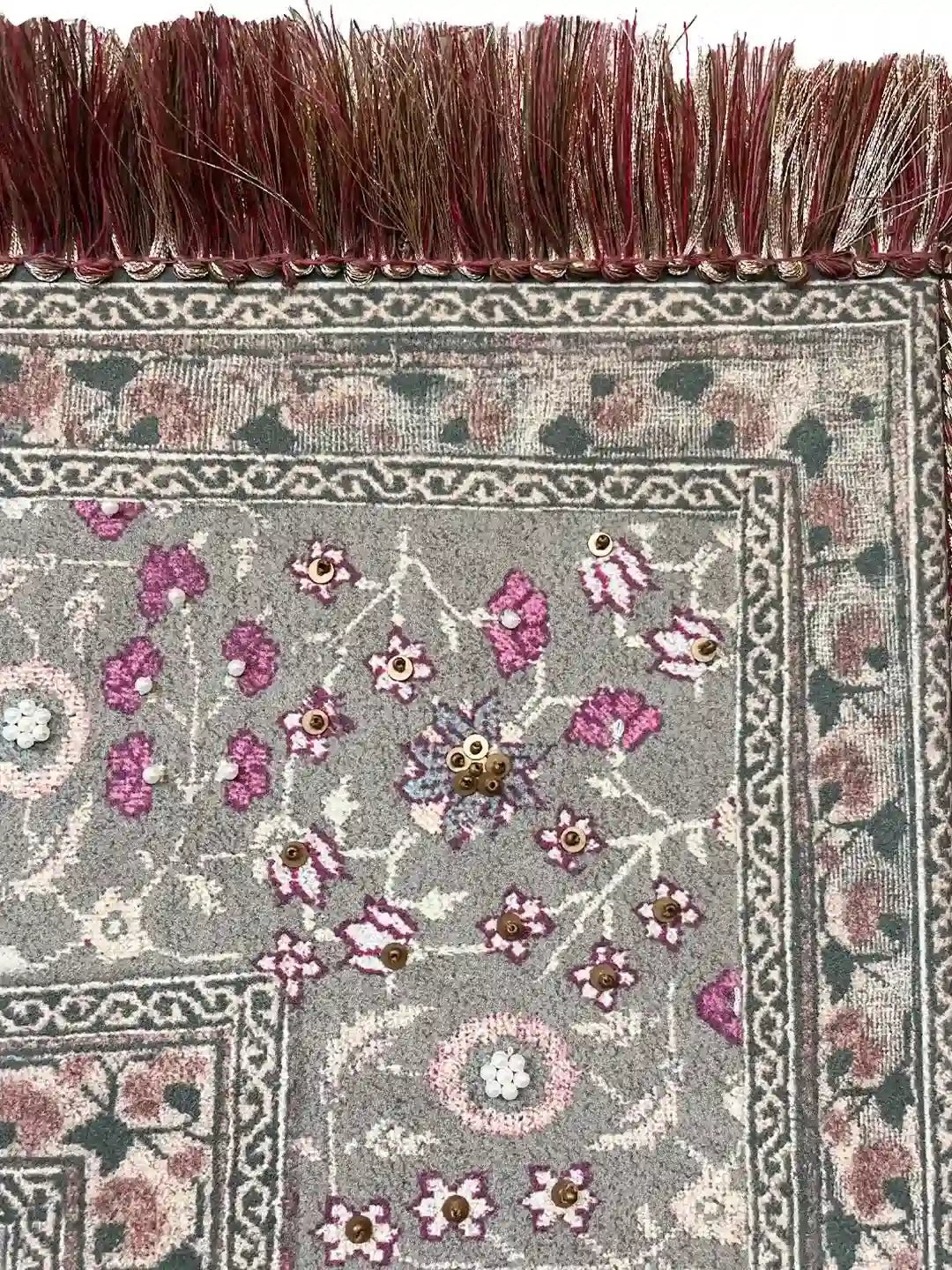 Kashmiriyat, Embroidered Wallart - Marble Lotus - Macro view of the ornate border showing gold sequins, white pearls, and the premium silk fringe texture
