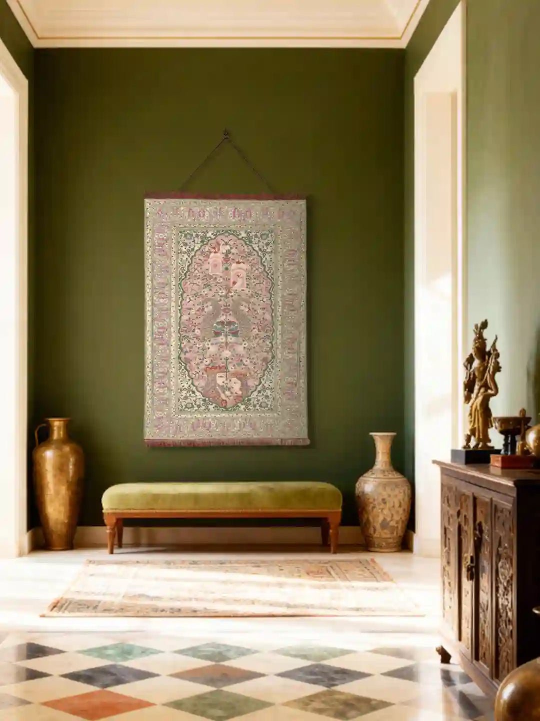 Kashmiriyat, Embroidered Wallart - Marble Lotus - Kashmiriyat wall hanging displayed on a deep forest green wall in a luxury hallway with marble floors