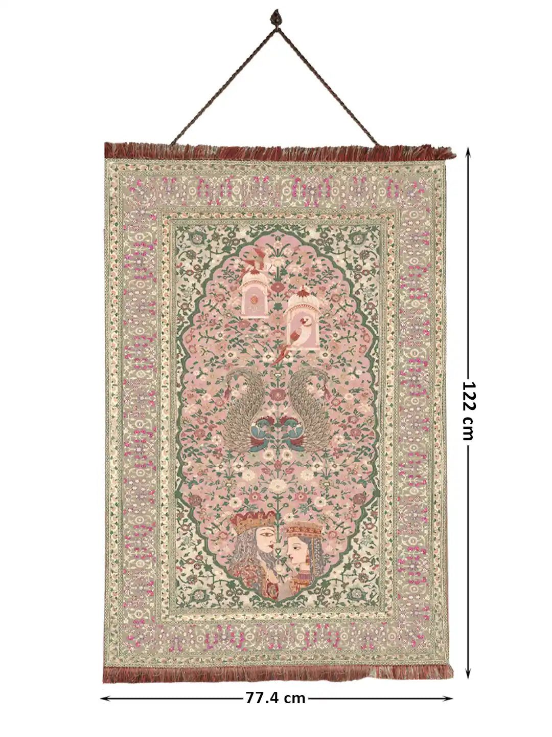 Kashmiriyat, Embroidered Wallart - Marble Lotus - Full vertical layout of the Kashmiriyat wall art showing the 77.4 cm x 122 cm dimensions and silk fringe