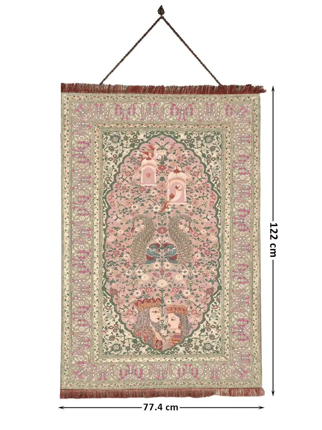 Full vertical layout of the Kashmiriyat wall art showing the 77.4 cm x 122 cm dimensions and silk fringe