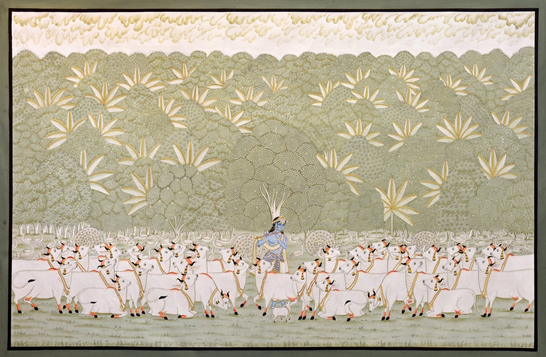 Krishna and His Cows in the Garden - Marble Lotus - Krishna and His Cows in the Garden - Marble Lotus - Pichwai Painting of Lord Krishna Playing Flute with Cows | Krishna and His Cows in the Garden | Indian Art