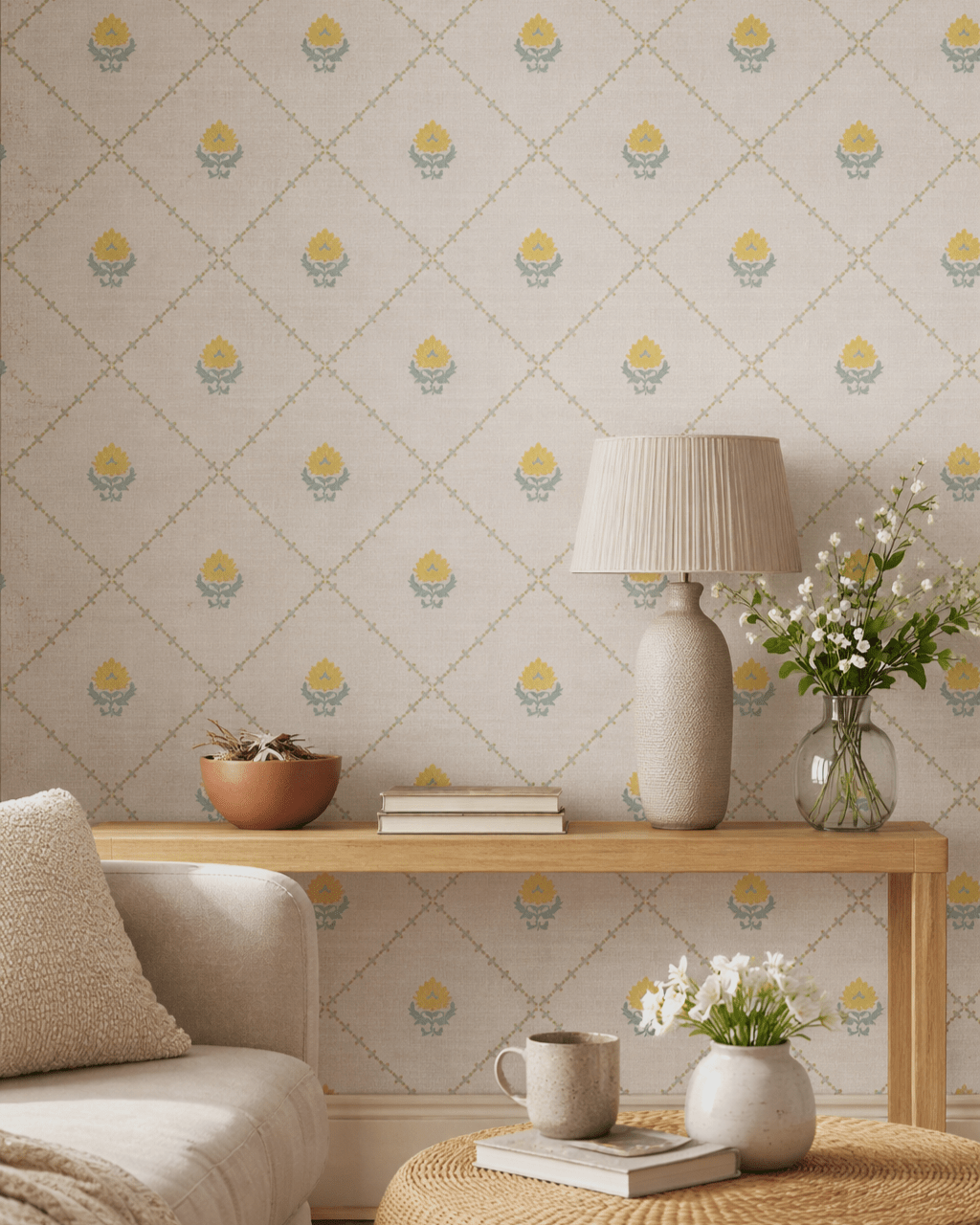 Kusum Jaal – Yellow on Beige - Marble Lotus - Kusum Jaal – Yellow on Beige