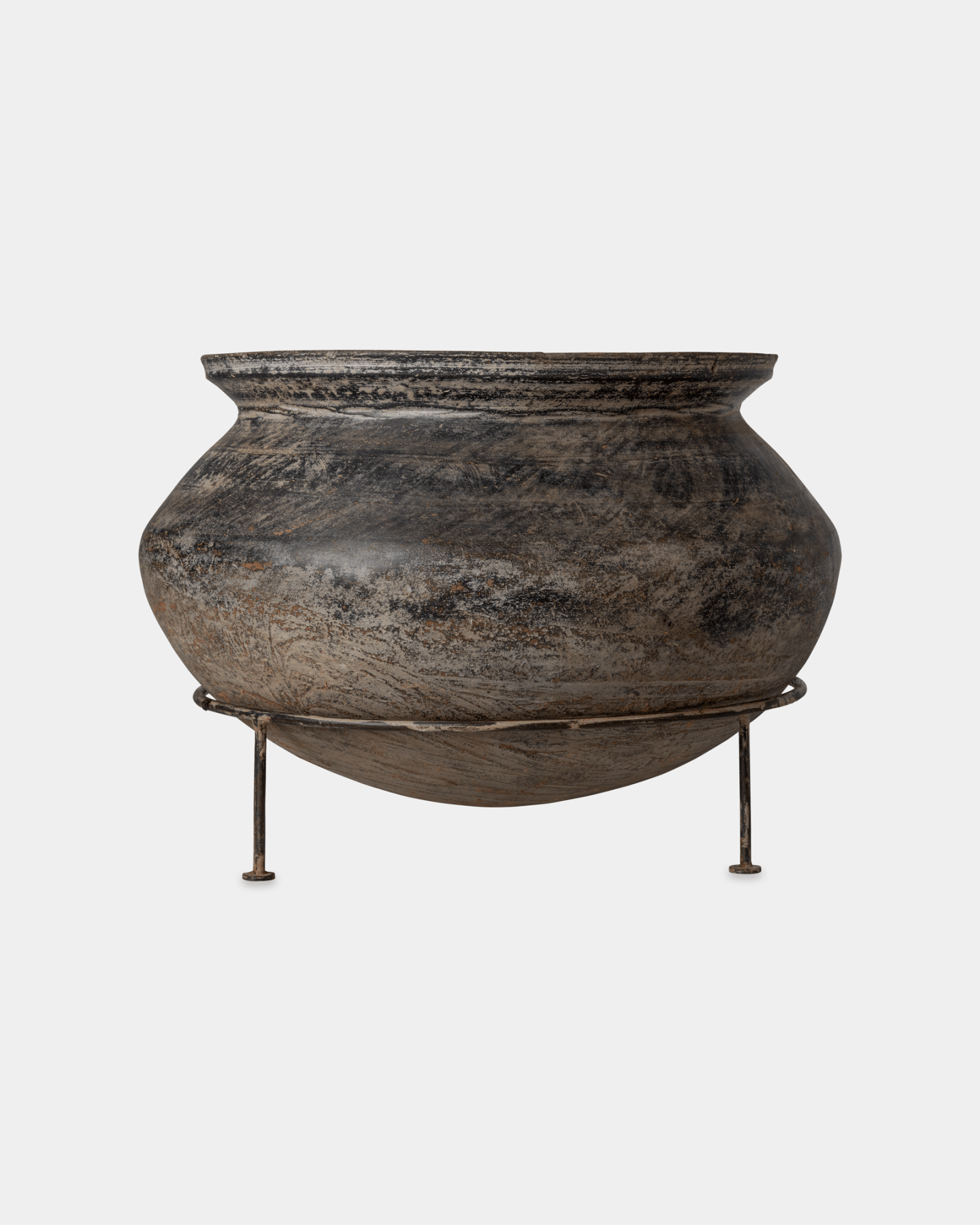 Large Raat Clay Pot (14"x10") - Marble Lotus - Large Raat Clay Pot (14"x10") - Marble Lotus - Black Clay Pot with Iron Stand 14x10