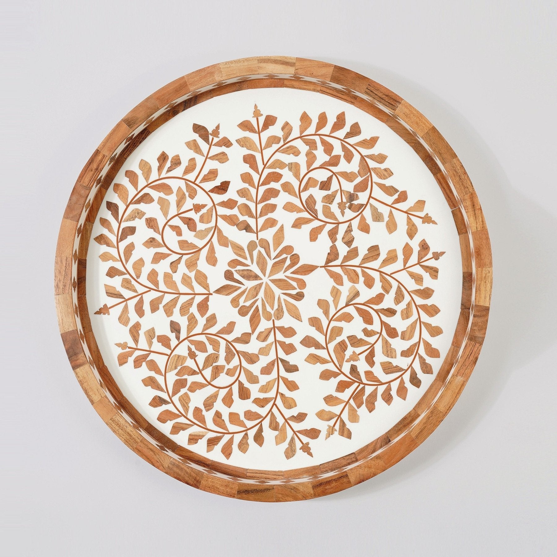 Large Wooden Inlay Tray 18" - Marble Lotus - Large Wooden Inlay Tray 18" - Marble Lotus - Wooden Inlay Tray