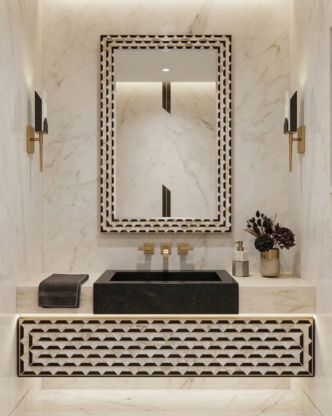 3連休セール！ハウスオブロータス　ウォールミラー　インド製 Mirror Collection | Vintage White & Dark Brown | Marble Lotus