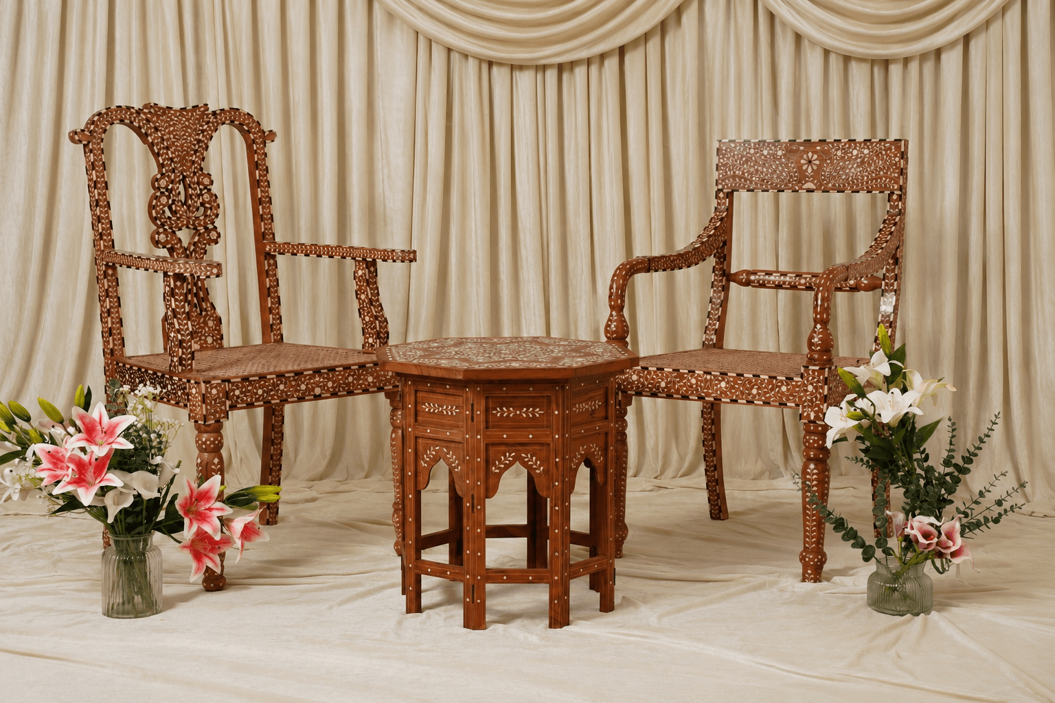 Maharani Bone Inlay Side Table - Marble Lotus - Maharani Bone Inlay Side Table
