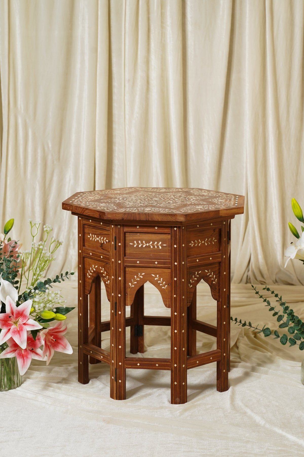 Maharani Bone Inlay Side Table - Marble Lotus - Maharani Bone Inlay Side Table