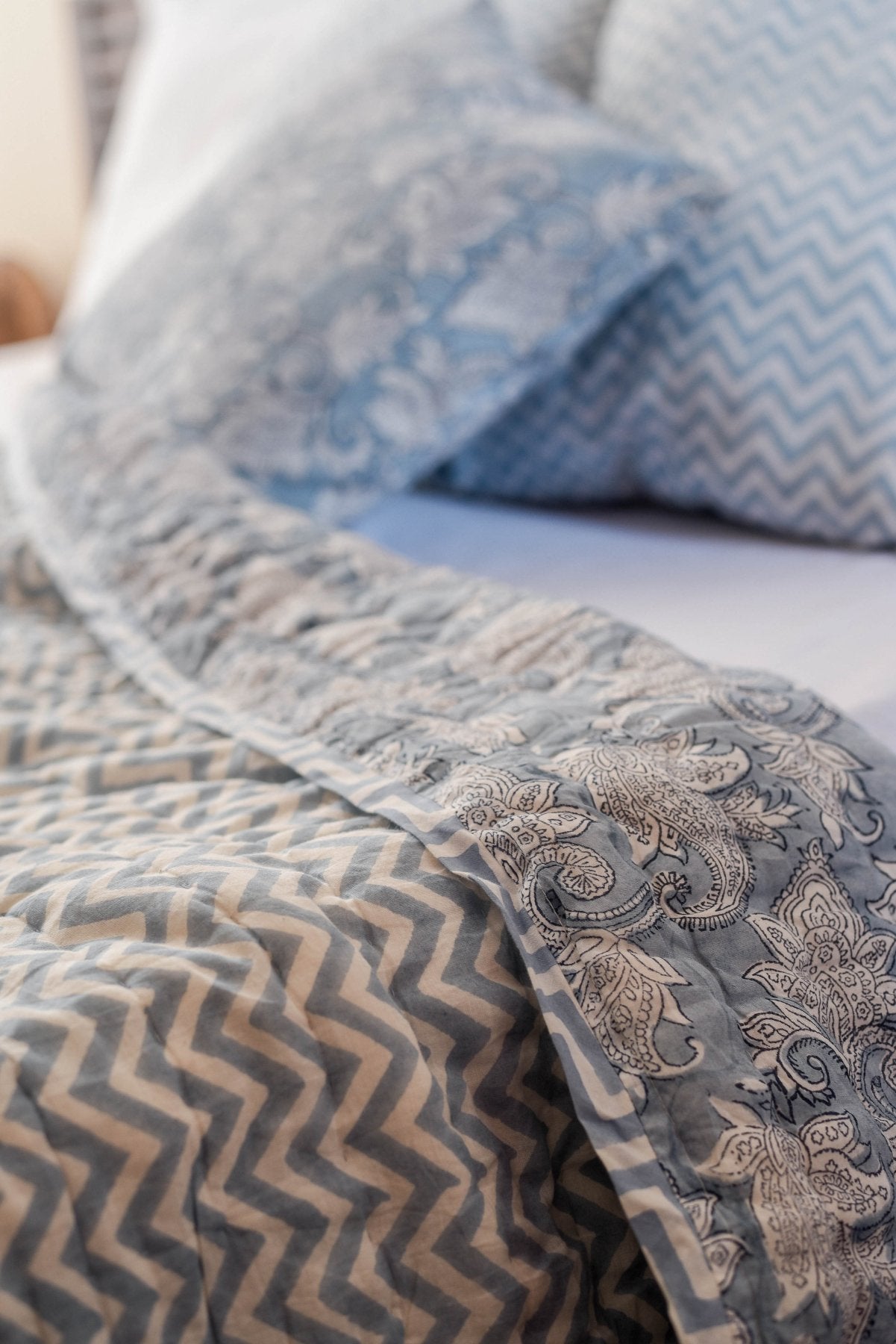 Mogra Block Printed Quilt - Marble Lotus - Mogra Block Printed Quilt