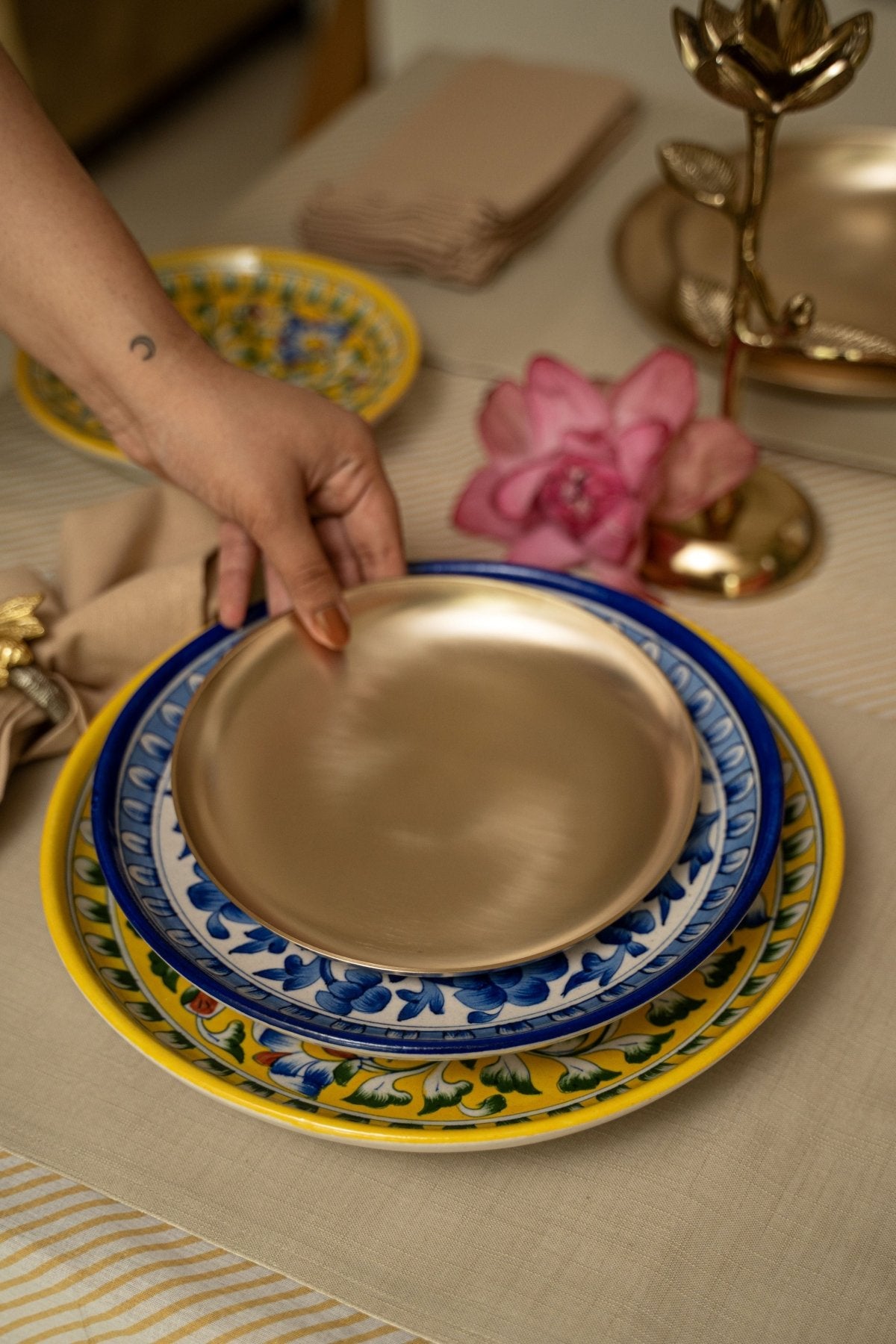 Navy Floral Jaipur Pottery Wall Plate 10" - Marble Lotus - Navy Floral Jaipur Pottery Wall Plate 10" - Marble Lotus