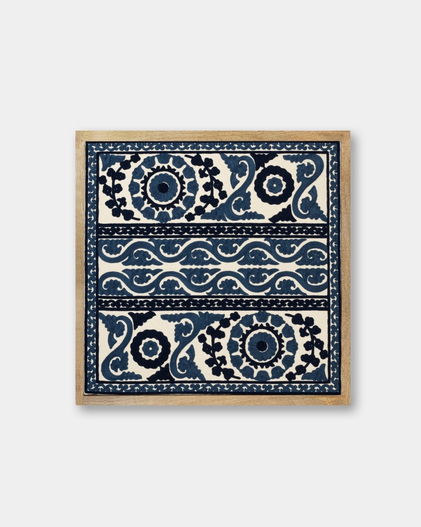 Navy Framed Suzani Textile 16x16" - Marble Lotus - Navy Framed Suzani Textile 16x16" - Marble Lotus - Suzani Textile | Blue Framed Textile Art 16x16"