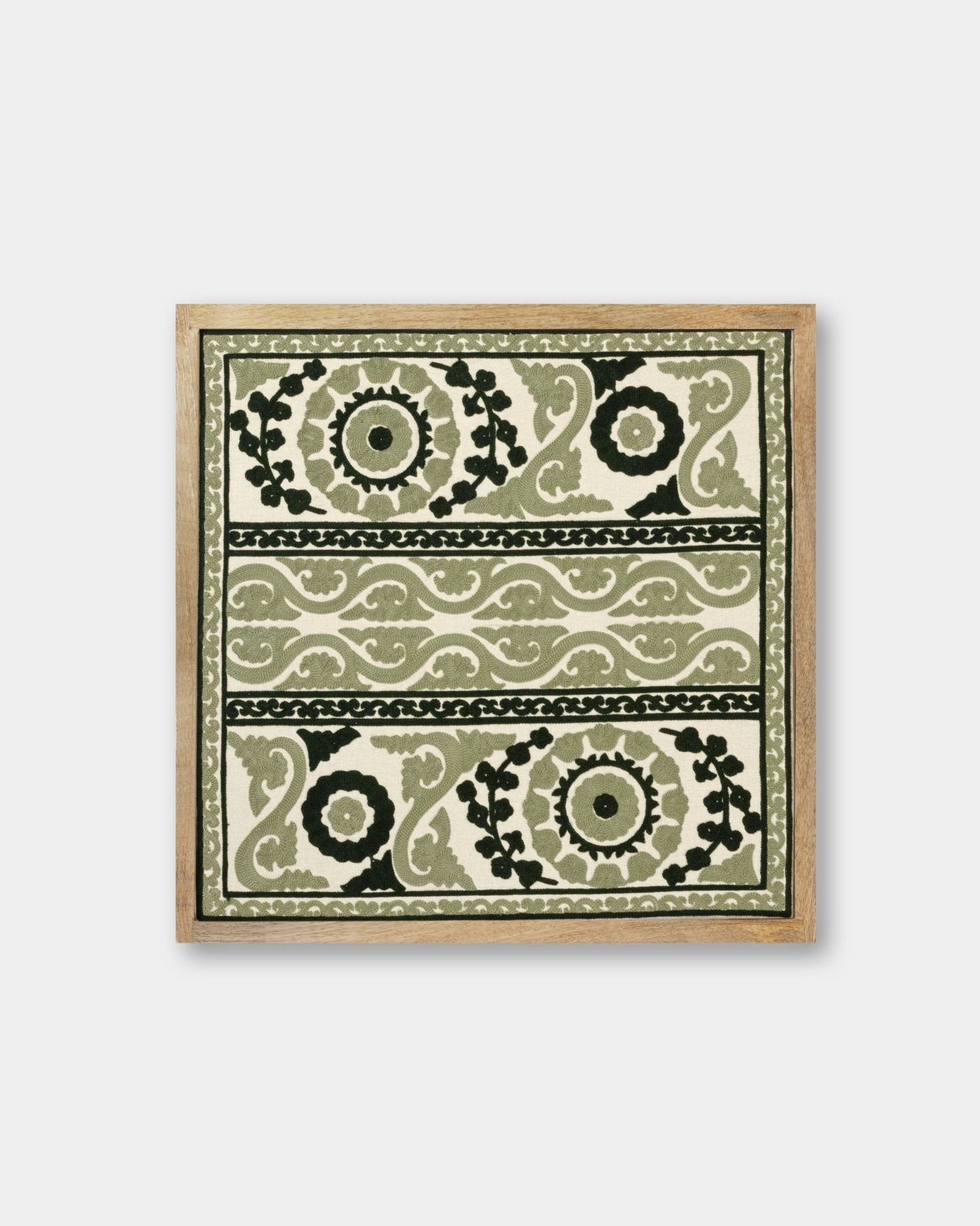 Olive Framed Suzani Textile 16x16" - Marble Lotus - Olive Framed Suzani Textile 16x16" - Marble Lotus - Suzani Textile | Green Framed Textile Art 16x16"