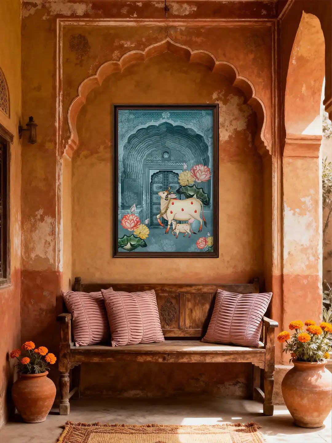 Pichwai Cow Mural Wallart - Marble Lotus - A framed Pichwai cow mural featuring the sacred Kamadhenu set within an arched niche above a rustic wooden bench with mauve cushions.