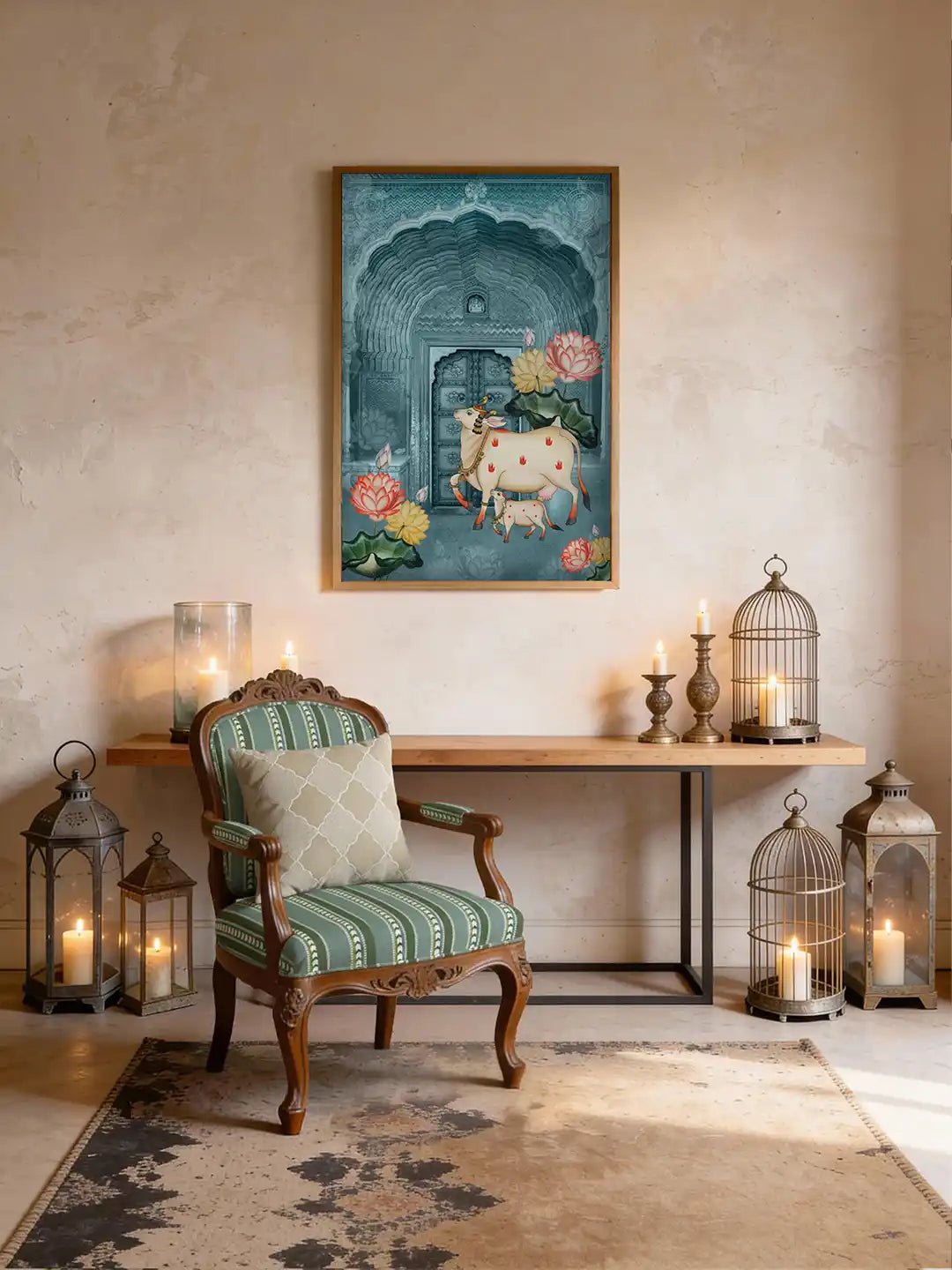 Pichwai Cow Mural Wallart - Marble Lotus - Luxury living room featuring a framed Pichwai mural with cow and lotus motifs styled with a green striped chair and brass lanterns.