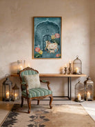 Pichwai Cow Mural Wallart - Marble Lotus - Luxury living room featuring a framed Pichwai mural with cow and lotus motifs styled with a green striped chair and brass lanterns.