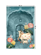 Pichwai Cow Mural Wallart - Marble Lotus - Full pattern layout of the Pichwai cow design in teal and cream, dimensions 60 cm by 90 cm.