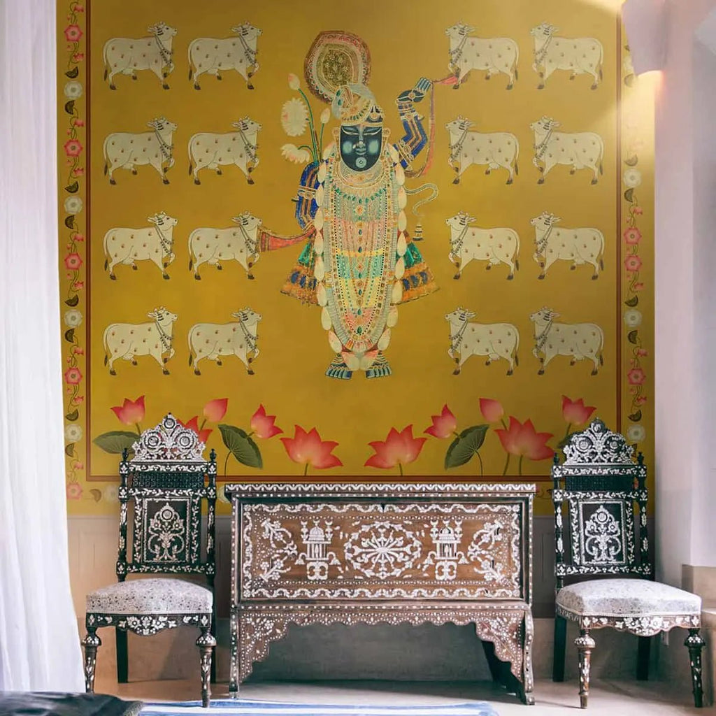 Pichwai Shrinathji Room Wallpaper With Cows - Marble Lotus - Pichwai Shrinathji Room Wallpaper With Cows