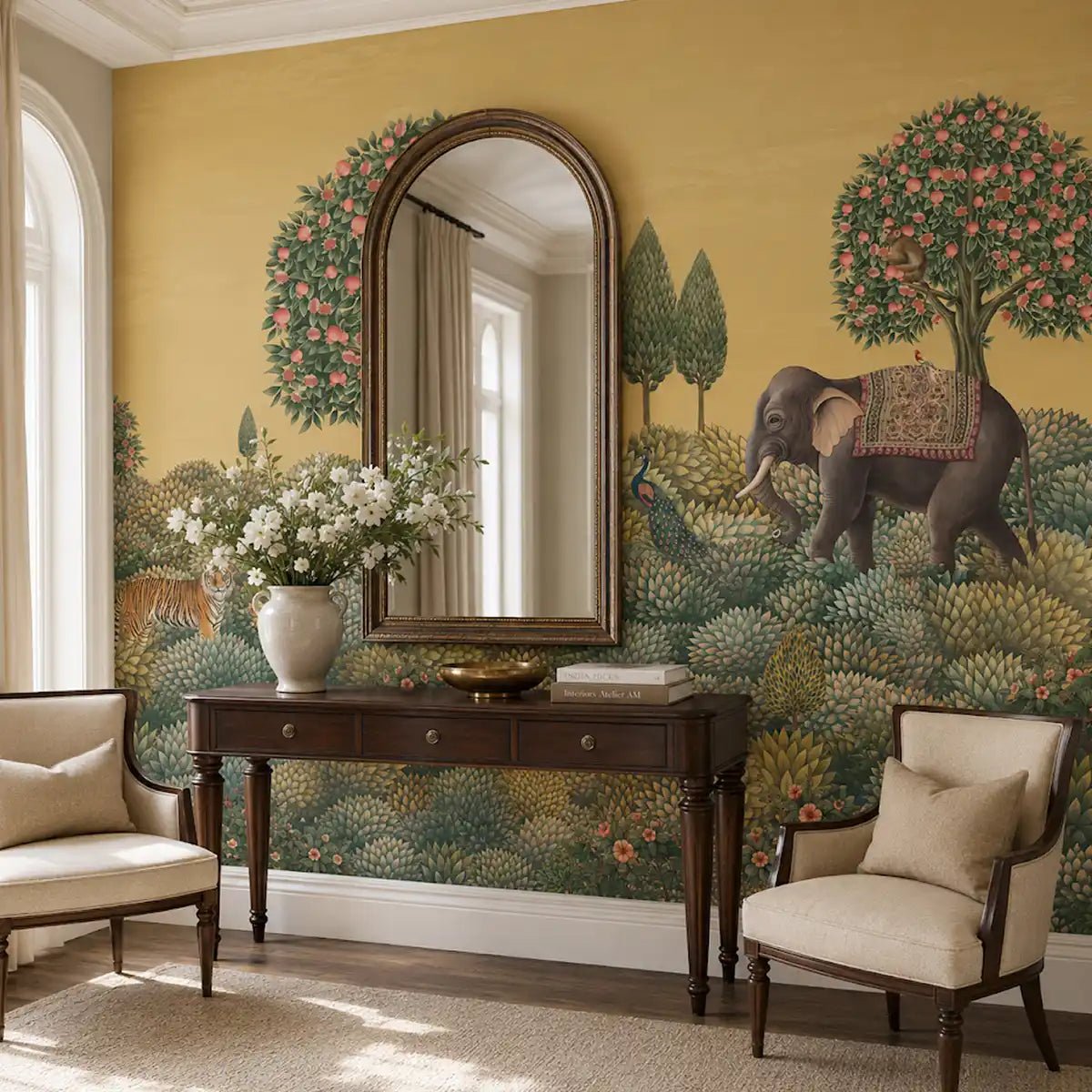 Rajasi Van, Indian Design Wallpaper Mustard - Marble Lotus - Rajasi Van, Indian Design Wallpaper Mustard