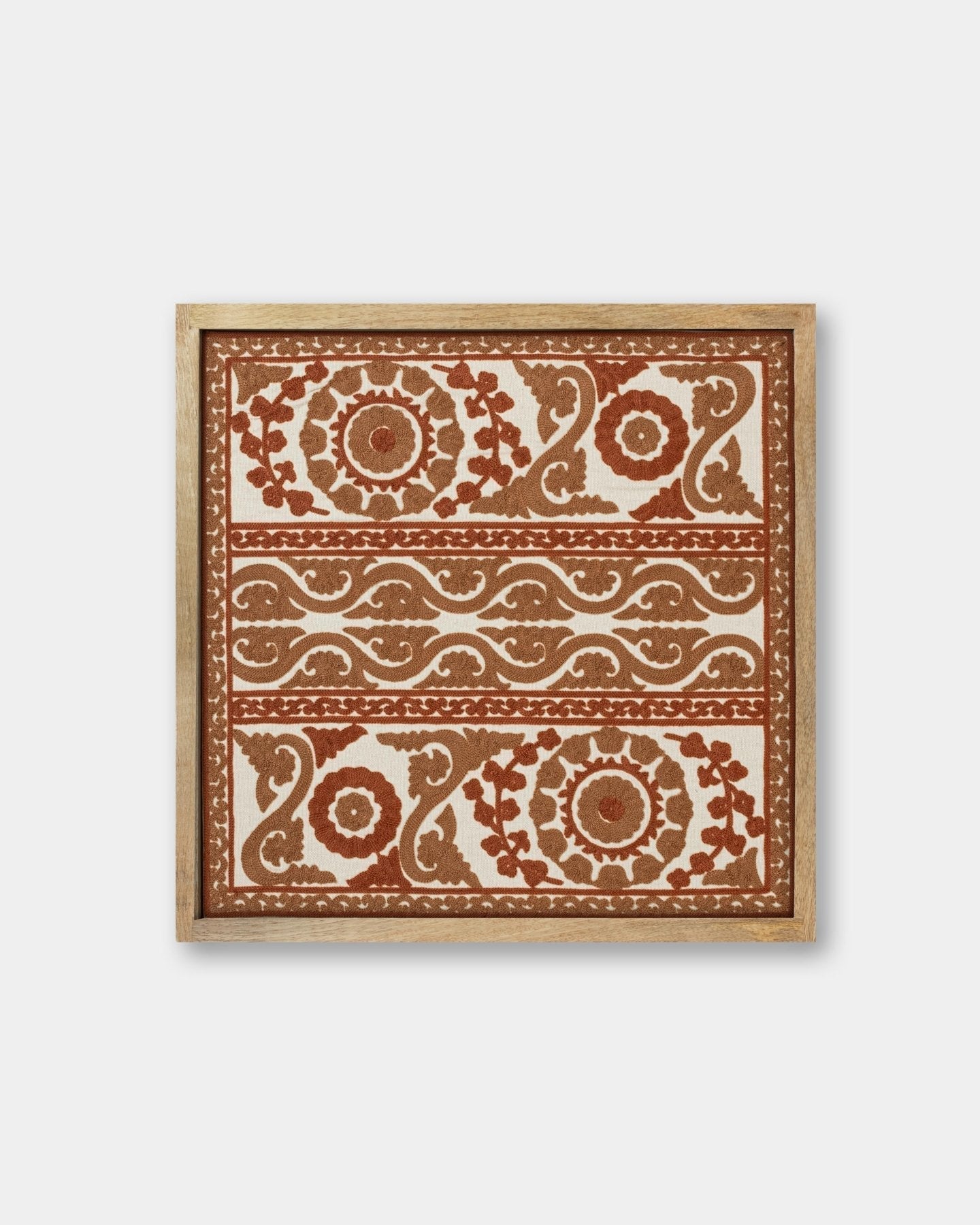 Rust Framed Suzani Textile 16x16" - Marble Lotus - Rust Framed Suzani Textile 16x16" - Marble Lotus - Suzani Textile | Red Framed Textile Art 16x16"