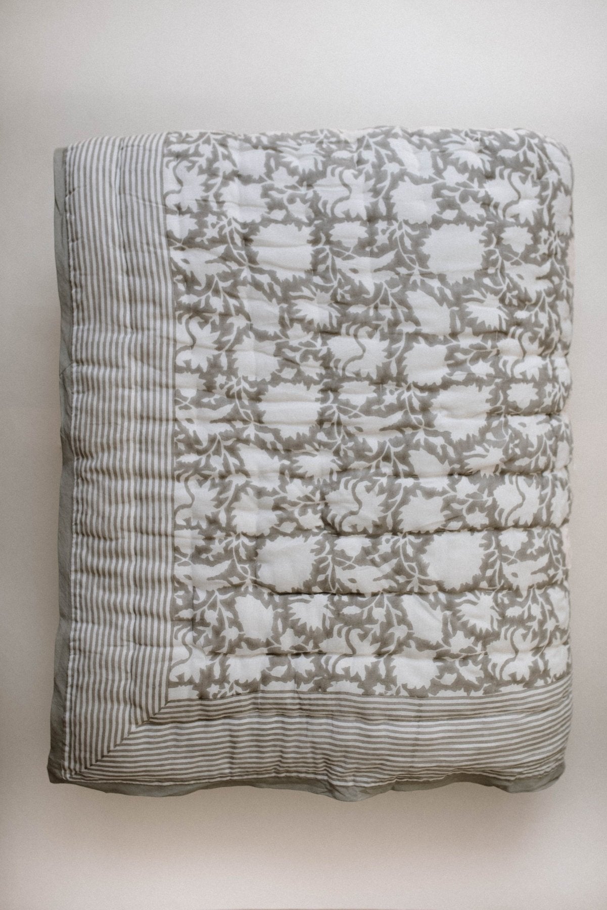 Sage Grey Block Printed Quilt - Marble Lotus - Sage Grey Block Printed Quilt