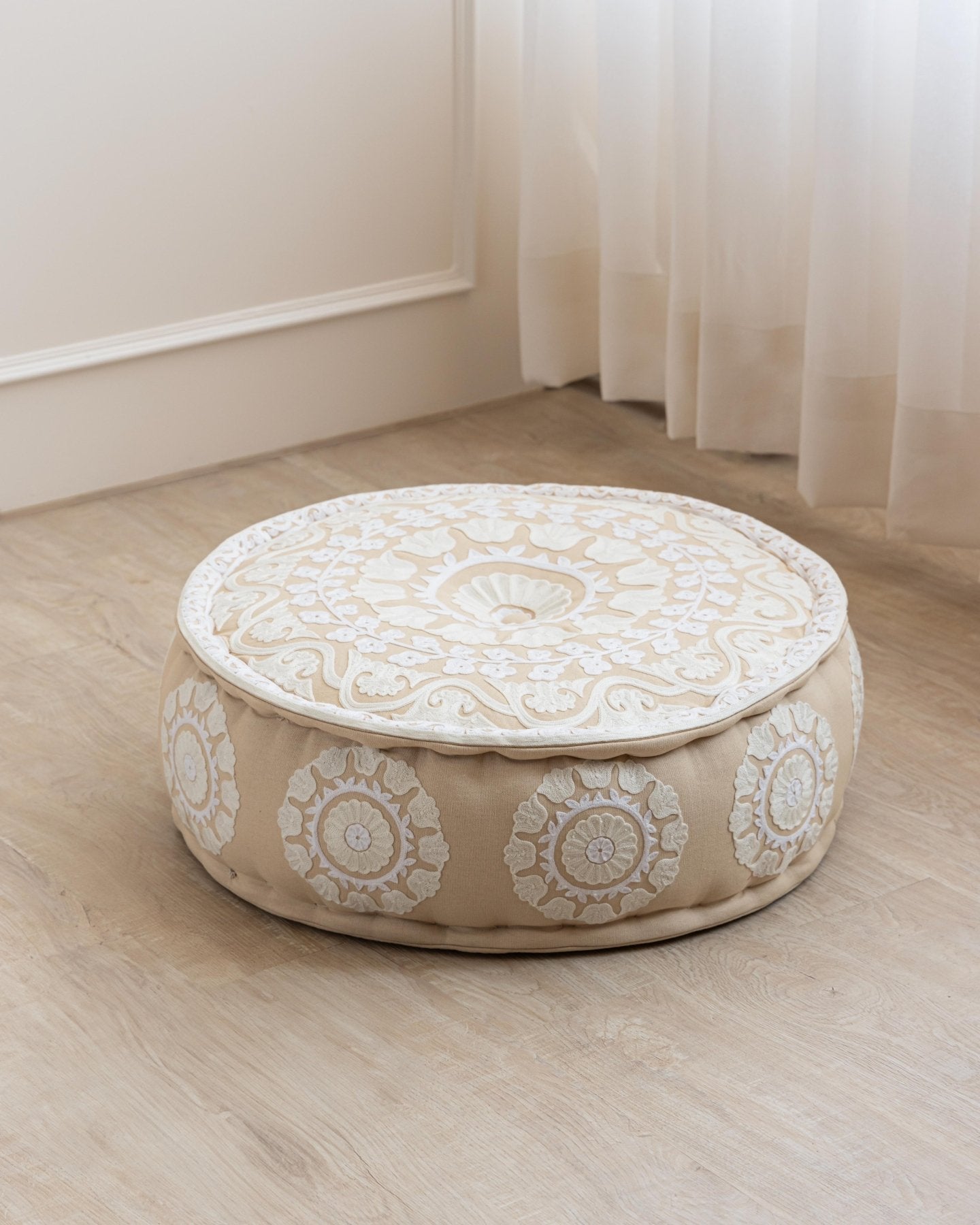 Suzani Pouf Ivory Flora - Marble Lotus - Suzani Pouf Ivory Flora - Marble Lotus - Suzani Ottoman | Meditation Pouf | Stackable Pouf | White | Handmade