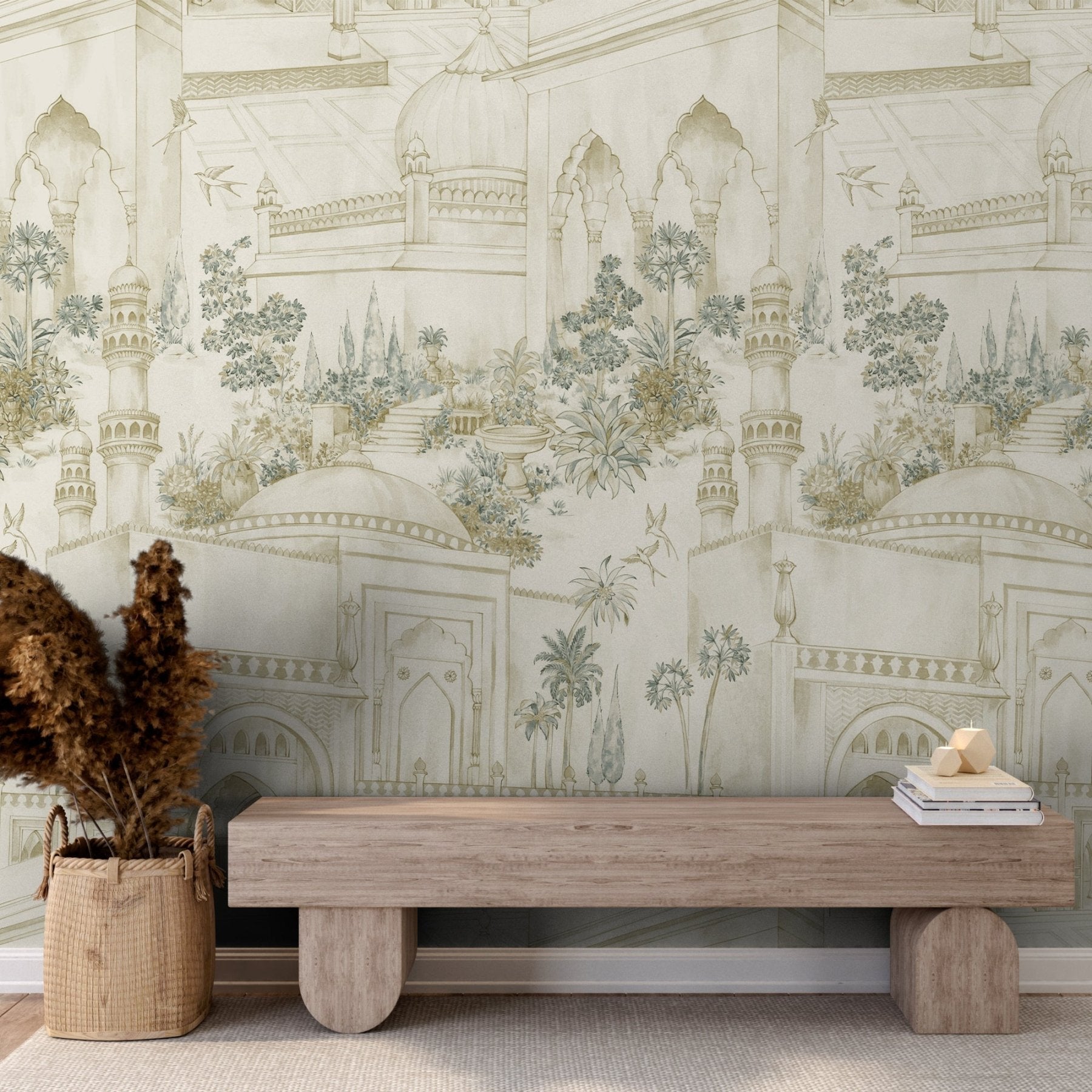 TAJ Gardens - Ochre Yellow - Marble Lotus - Wooden bench in front of decorative wall paper with architectural and floral design.