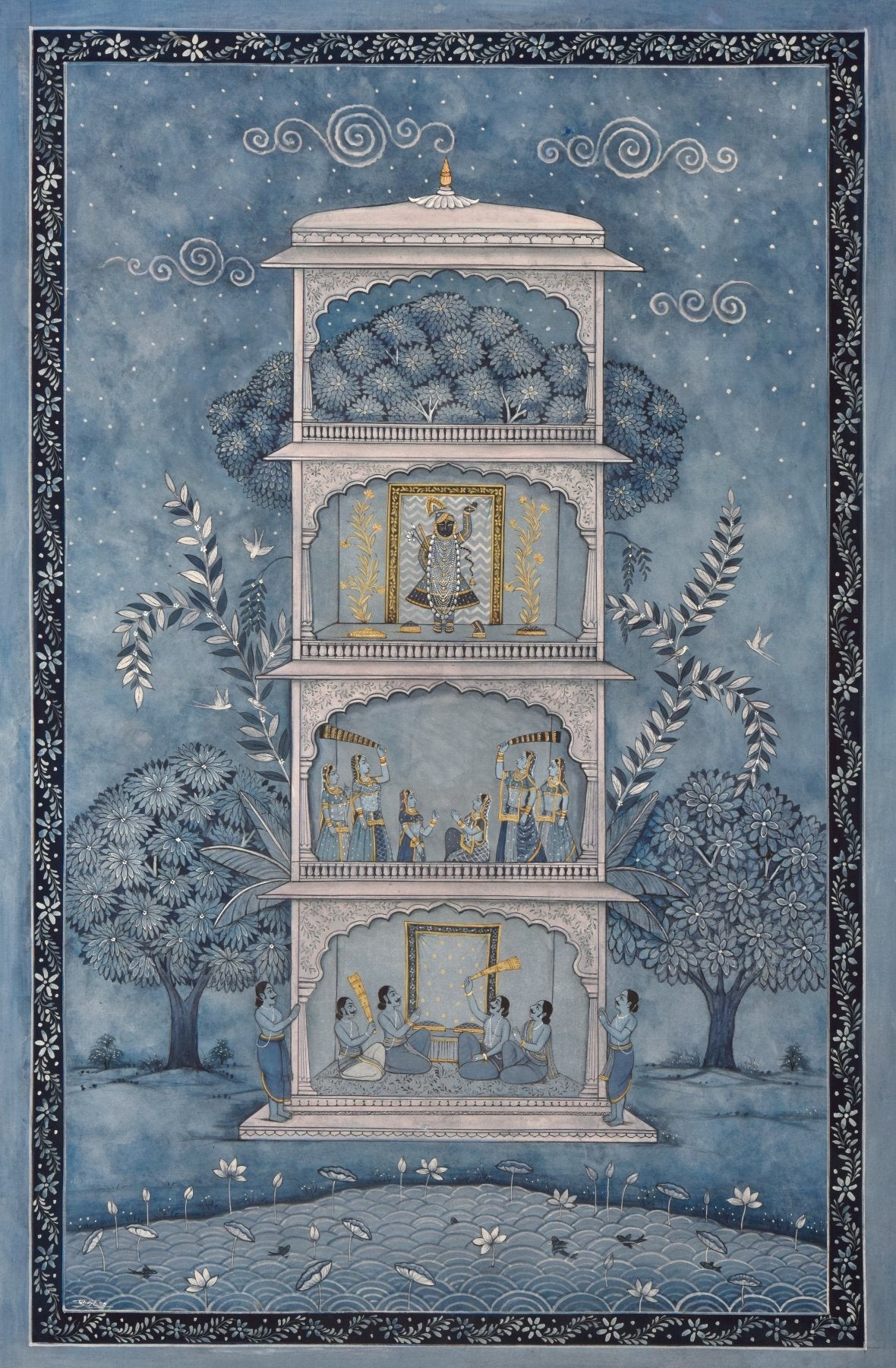 Temple in Blue - Marble Lotus - Temple in Blue - Marble Lotus - Blue Pichwai Painting with Temple and Lotus Motifs | Temple in Blue | Indian Art