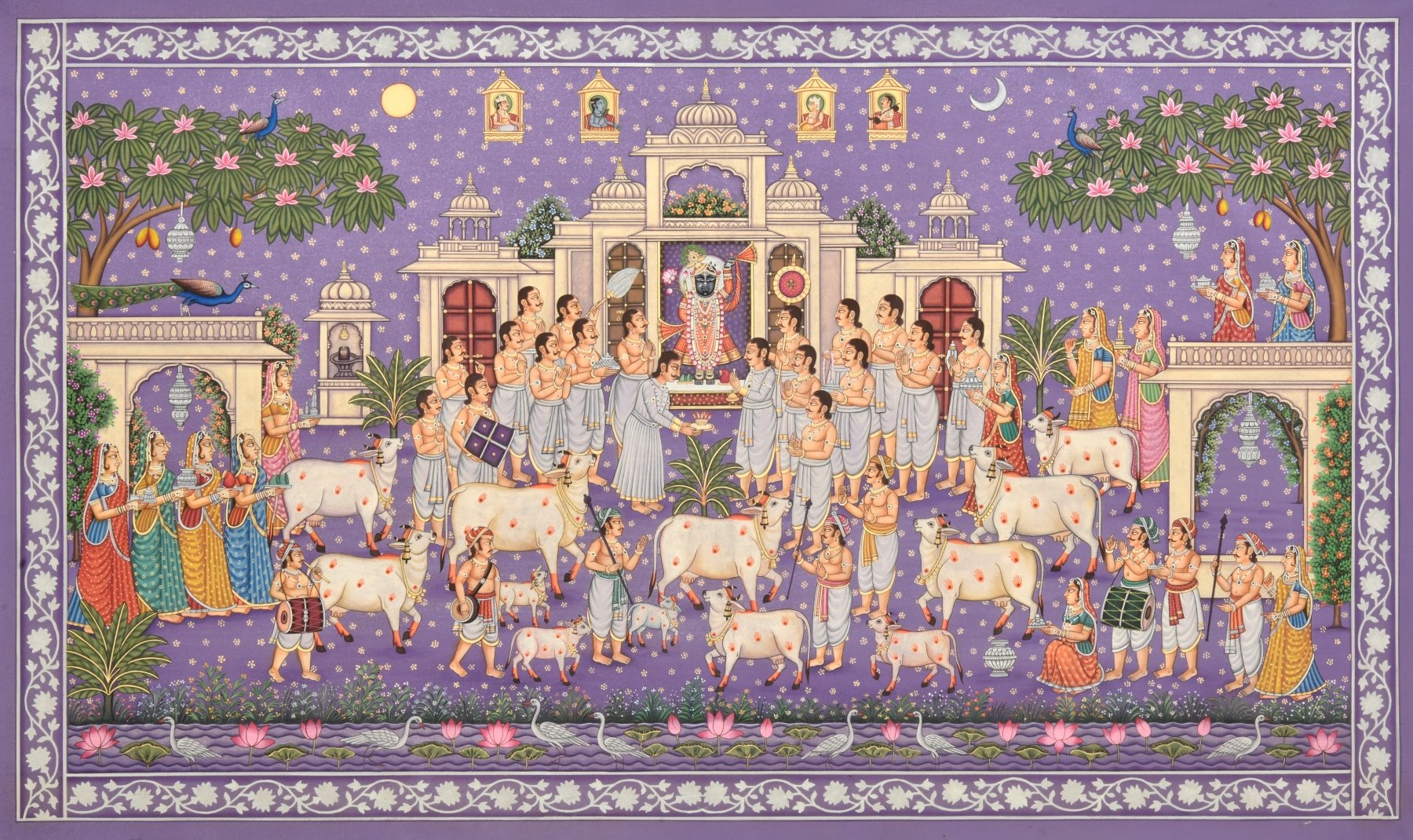 The Lavender Court - Marble Lotus - Vrindavan at Dusk - Marble Lotus - Pichwai Painting of Lord Krishna with Cows and Gopis | Vrindavan at Dusk | Indian Art