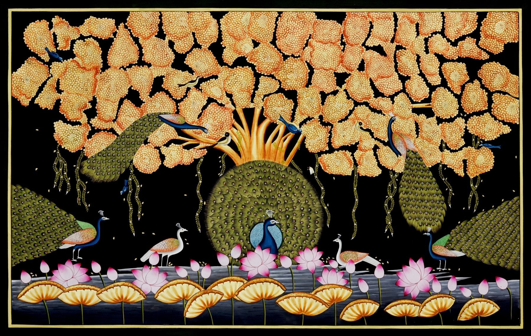 The Peacock Grove - Marble Lotus - The Peacock Grove - Marble Lotus - Pichwai Painting with Peacocks and Lotus Pond | The Peacock Grove | Indian Art