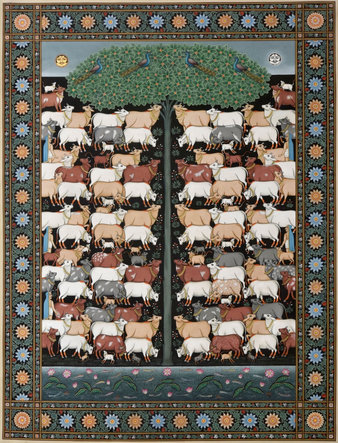 The Sacred Herd - Marble Lotus - The Sacred Herd - Marble Lotus - Pichwai Painting of Cows with Ornamental Floral Motifs | The Sacred Herd | Indian Art