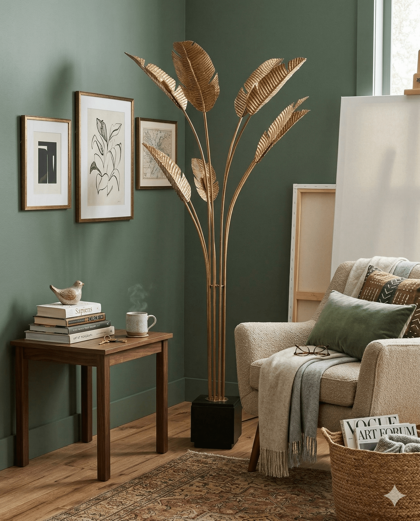 Tropical Large Brass Floor Lamp - Marble Lotus - Tropical Large Brass Floor Lamp