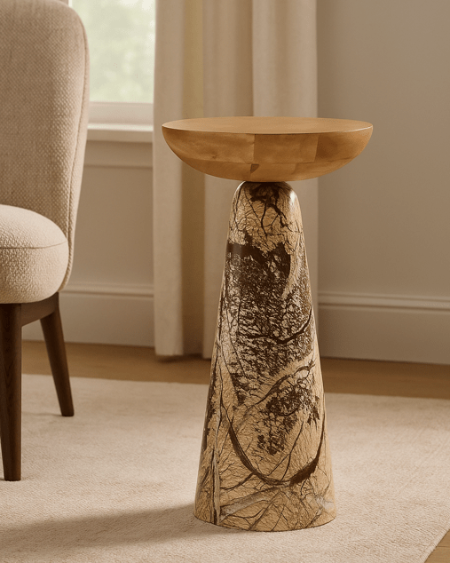 Twin Drink Table - Brown - Marble Lotus - Twin Drink Table - Brown