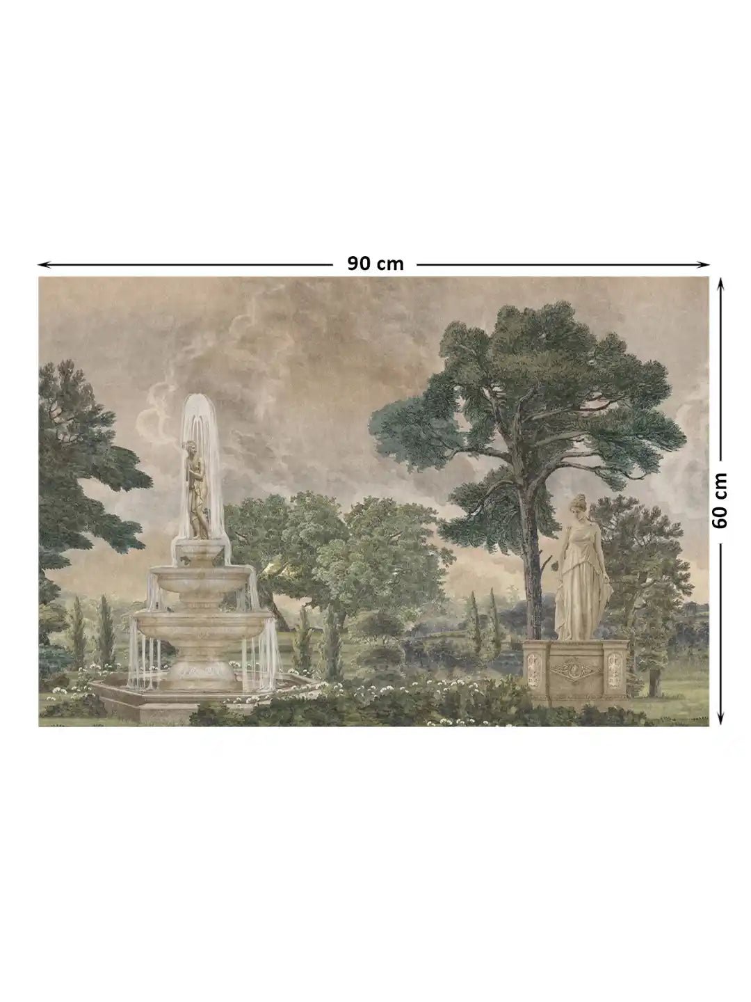 Vintage European Landscape Wallart - Marble Lotus - Overview of the full neoclassical garden design including fountains and statues with 90 cm by 60 cm dimensions.