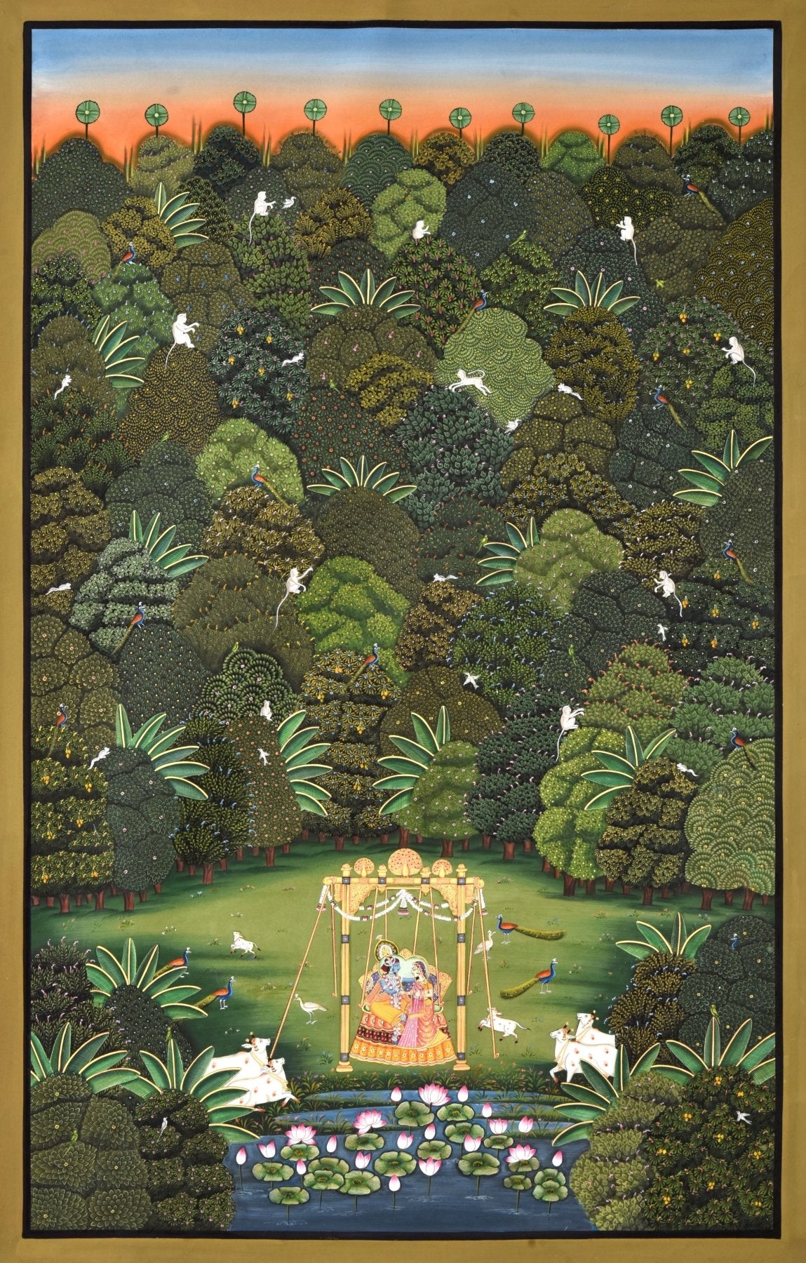 Whispers of Vrindavan - Marble Lotus - Whispers of Vrindavan - Marble Lotus - Vertical Pichwai Painting with Lord Krishna in a Forest | Whispers of Vrindavan | Indian Art
