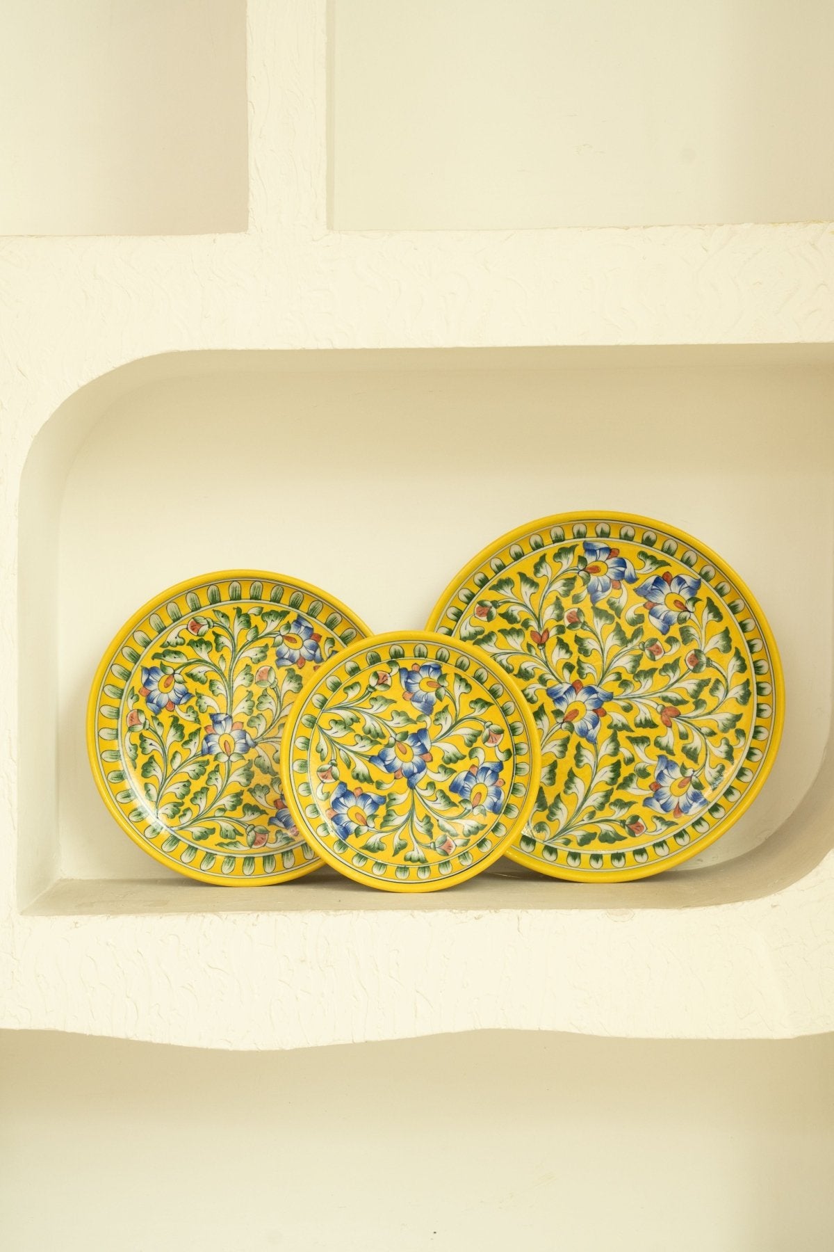 Yellow Floral Jaipur Pottery Wall Plate 10" - Marble Lotus - Yellow Floral Jaipur Pottery Wall Plate 10" - Marble Lotus