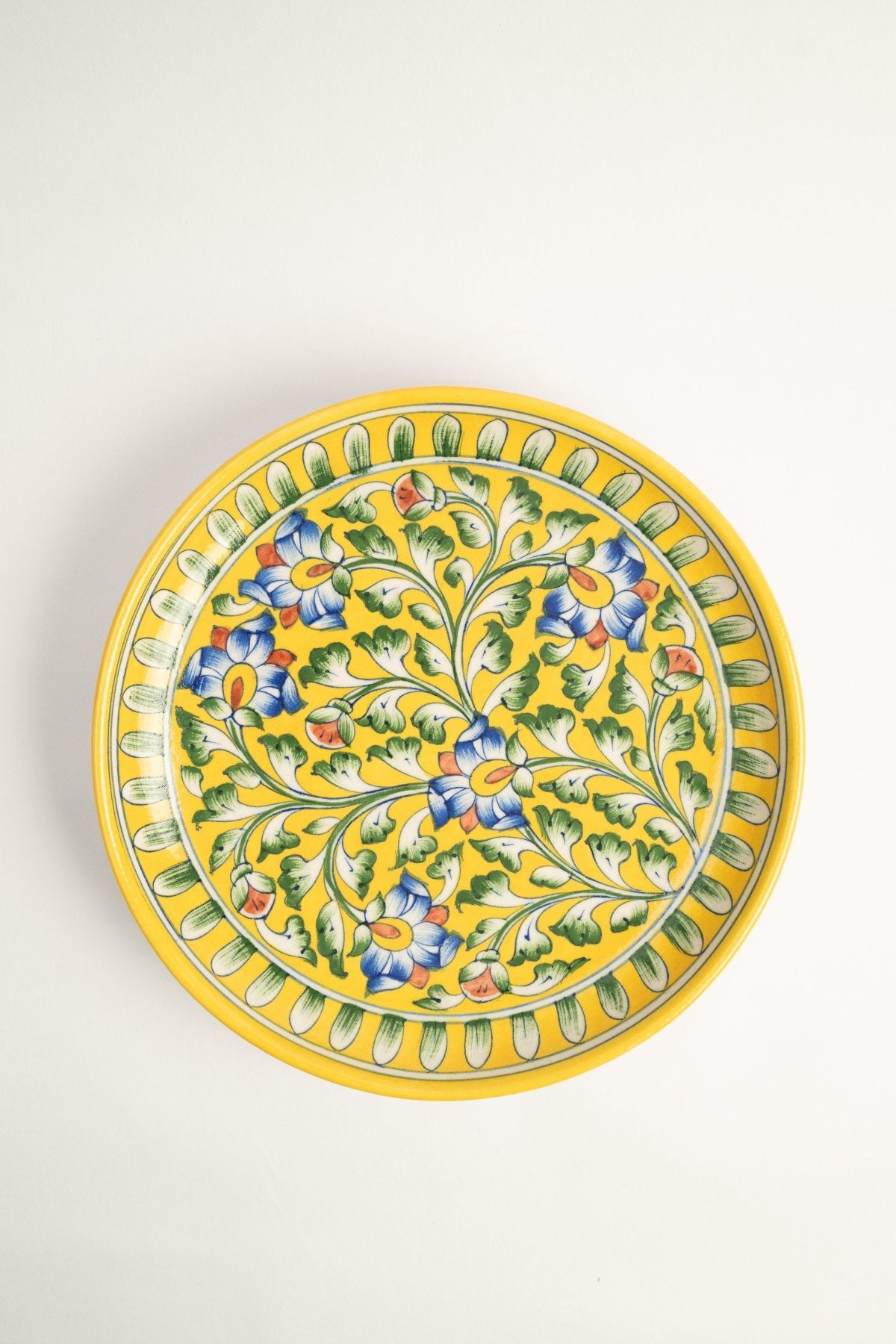 Yellow Floral Jaipur Pottery Wall Plate 12" - Marble Lotus - Yellow Floral Jaipur Pottery Wall Plate 12" - Marble Lotus