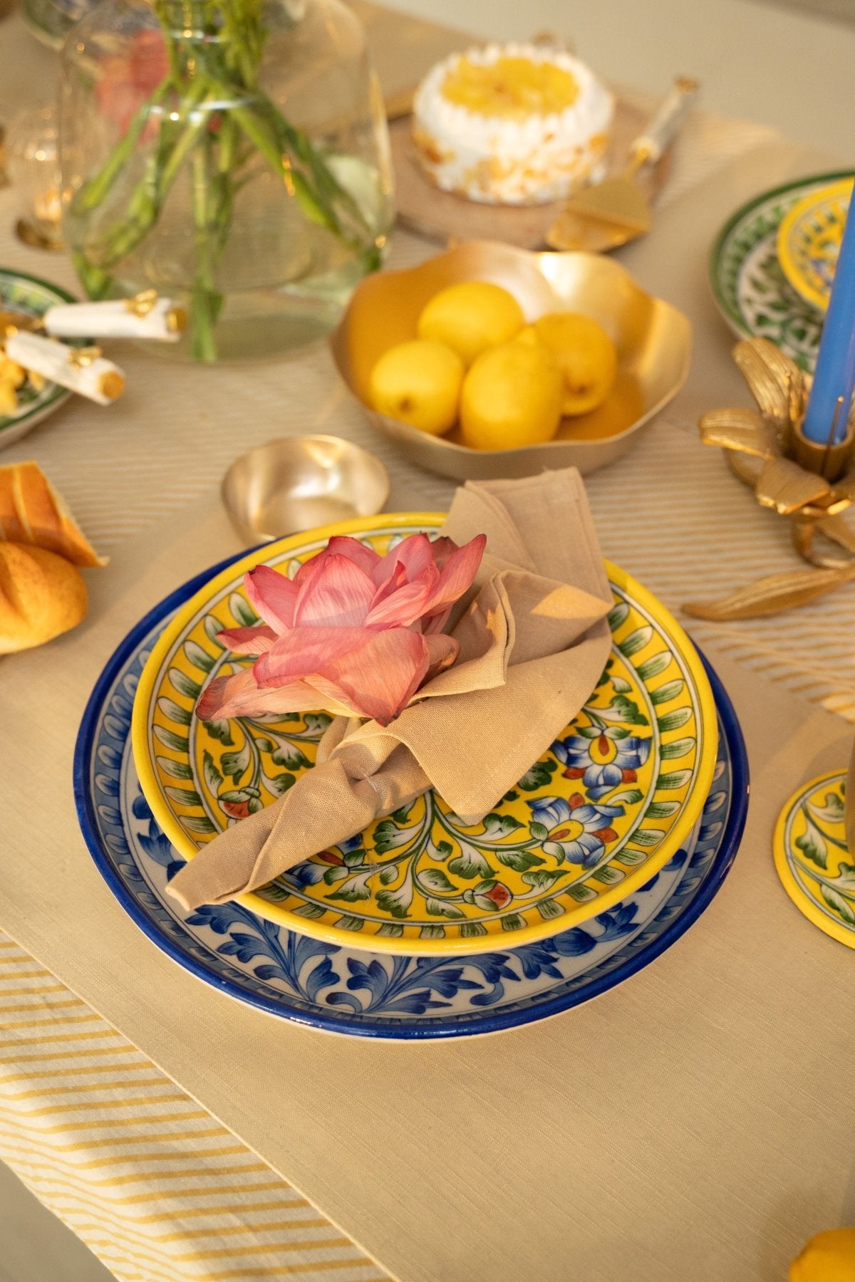 Yellow Floral Jaipur Pottery Wall Plate 12" - Marble Lotus - Yellow Floral Jaipur Pottery Wall Plate 12" - Marble Lotus