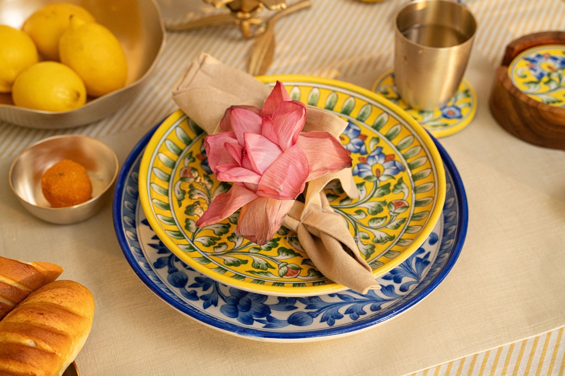 Yellow Floral Jaipur Pottery Wall Plate 8" - Marble Lotus - Yellow Floral Jaipur Pottery Wall Plate 8" - Marble Lotus