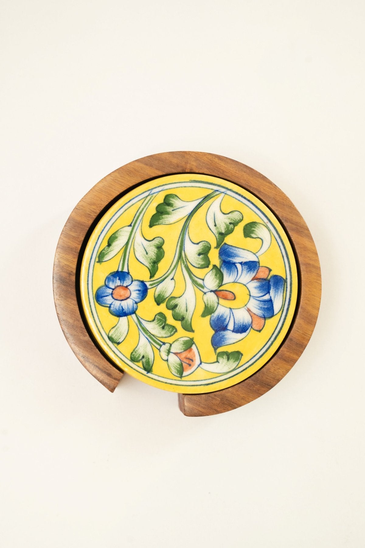 Yellow Jaipur Pottery Coasters - Set of 4 in Wooden Case - Marble Lotus - Yellow Jaipur Pottery Coasters - Set of 4 in Wooden Case - Marble Lotus