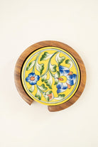 Yellow Jaipur Pottery Coasters - Set of 4 in Wooden Case - Marble Lotus - Yellow Jaipur Pottery Coasters - Set of 4 in Wooden Case - Marble Lotus