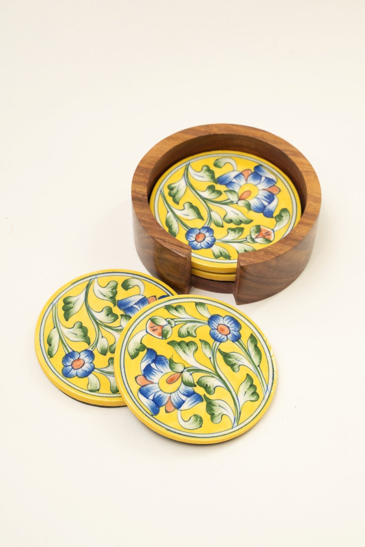 Yellow Jaipur Pottery Coasters - Set of 4 in Wooden Case - Marble Lotus - Yellow Jaipur Pottery Coasters - Set of 4 in Wooden Case - Marble Lotus