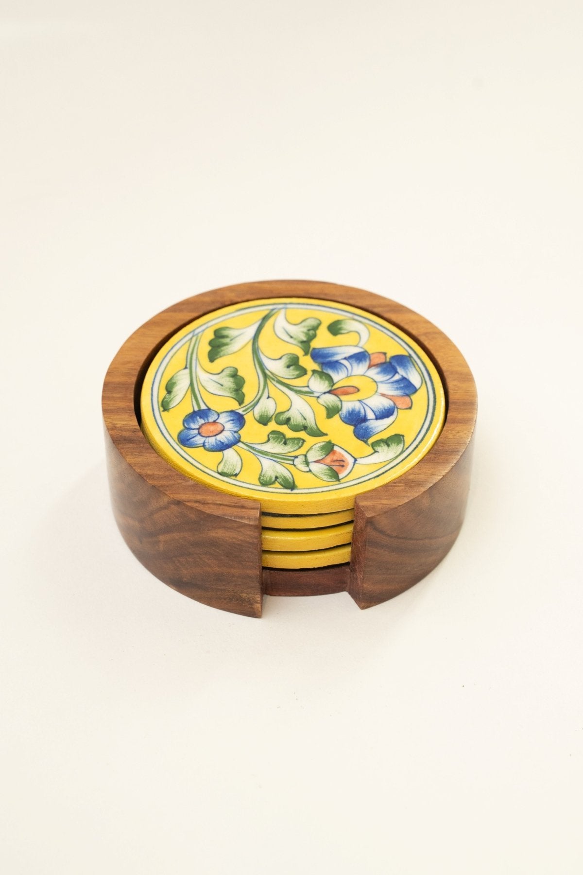Yellow Jaipur Pottery Coasters - Set of 4 in Wooden Case - Marble Lotus - Yellow Jaipur Pottery Coasters - Set of 4 in Wooden Case - Marble Lotus