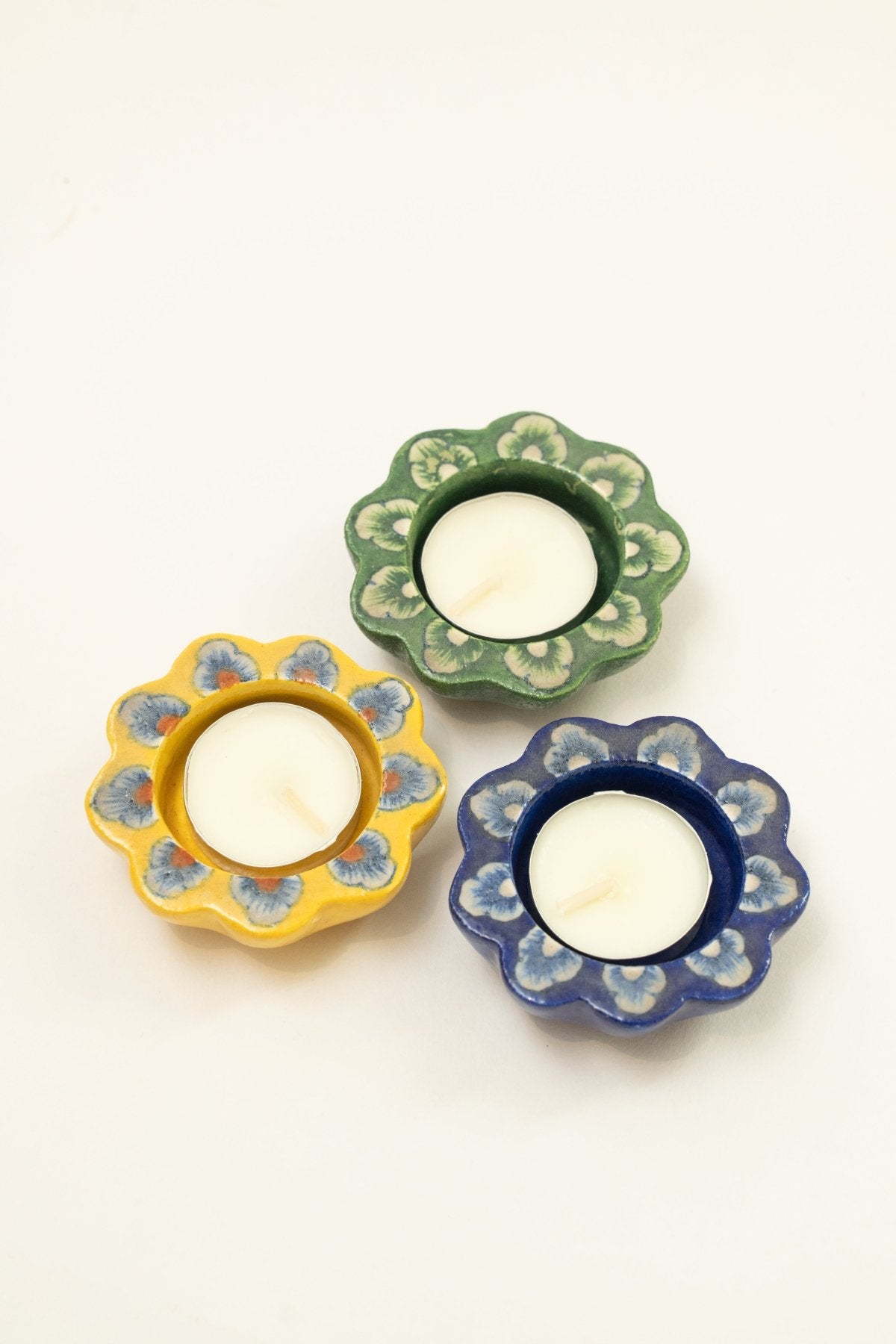Yellow Jaipur Pottery Diya (Set of 2) - Marble Lotus - Yellow Jaipur Pottery Diya (Set of 2) - Marble Lotus